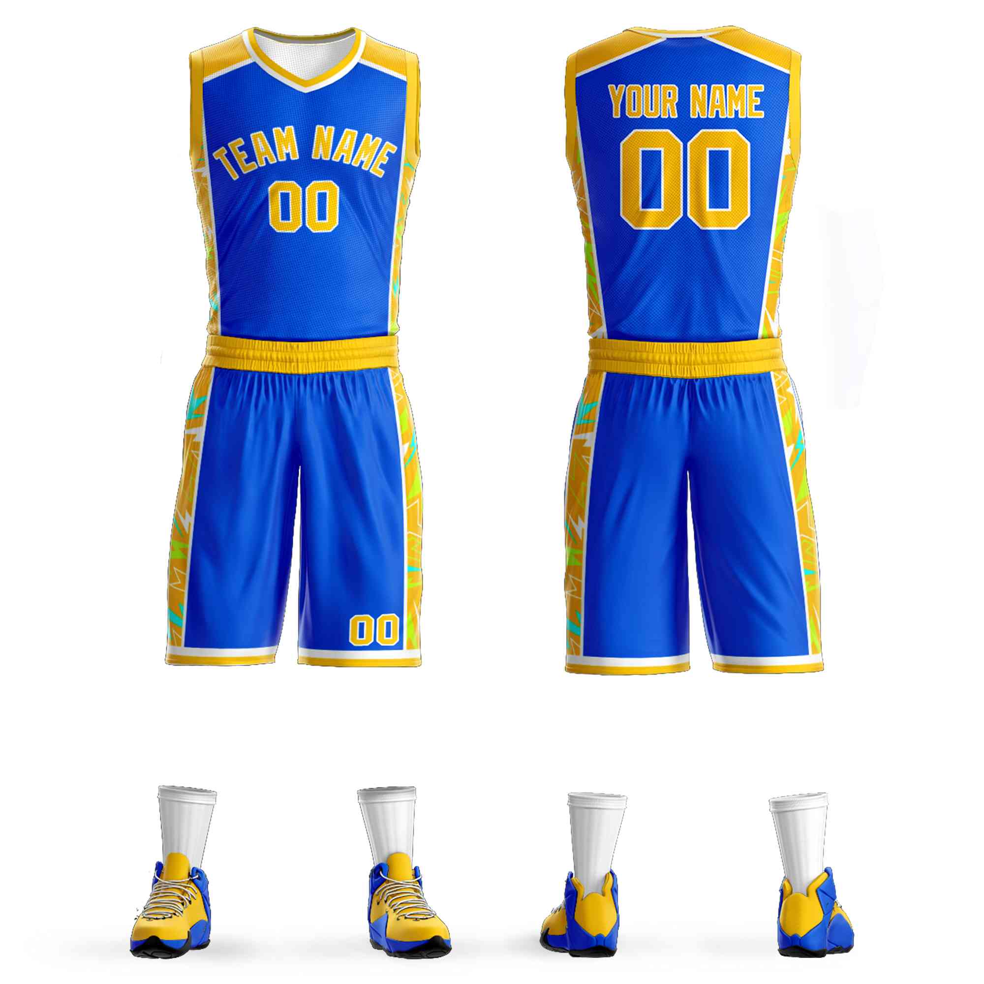 Custom Royal Gold-White Graffiti Pattern Kits Lightning Basketball Jersey