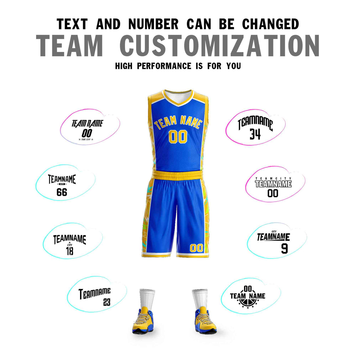 Custom Royal Gold-White Graffiti Pattern Kits Lightning Basketball Jersey