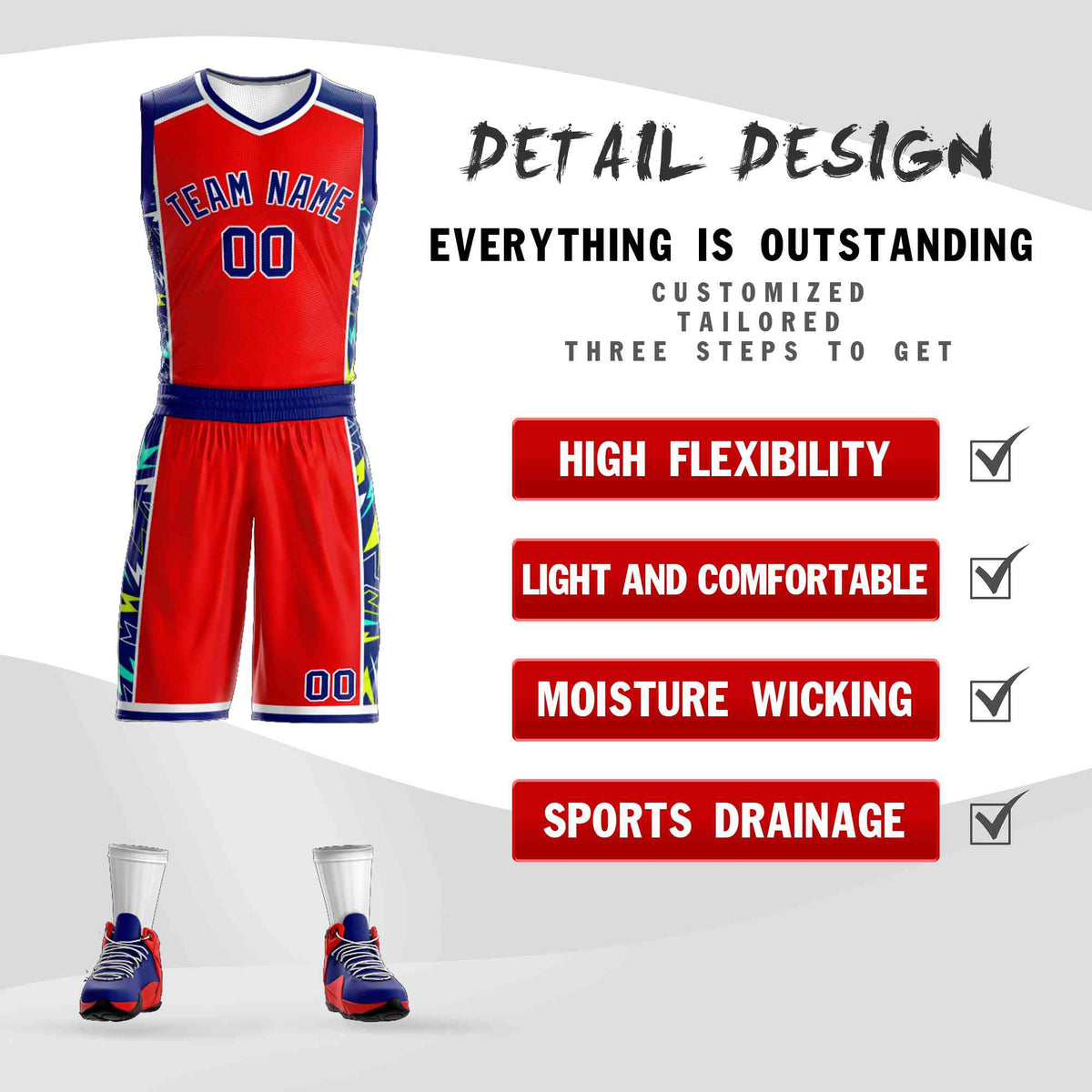 Custom Red Navy-White Graffiti Pattern Kits Lightning Basketball Jersey