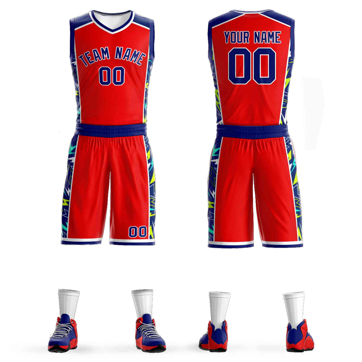 Custom Red Navy-White Graffiti Pattern Kits Lightning Basketball Jersey