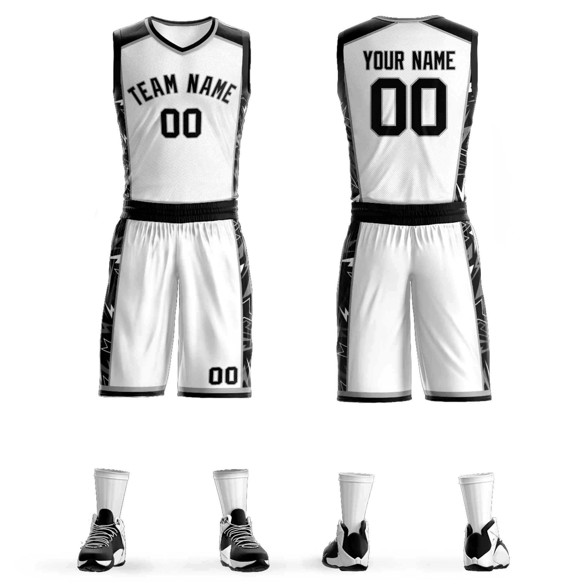 Custom White Black-Gray Graffiti Pattern Kits Lightning Basketball Jersey