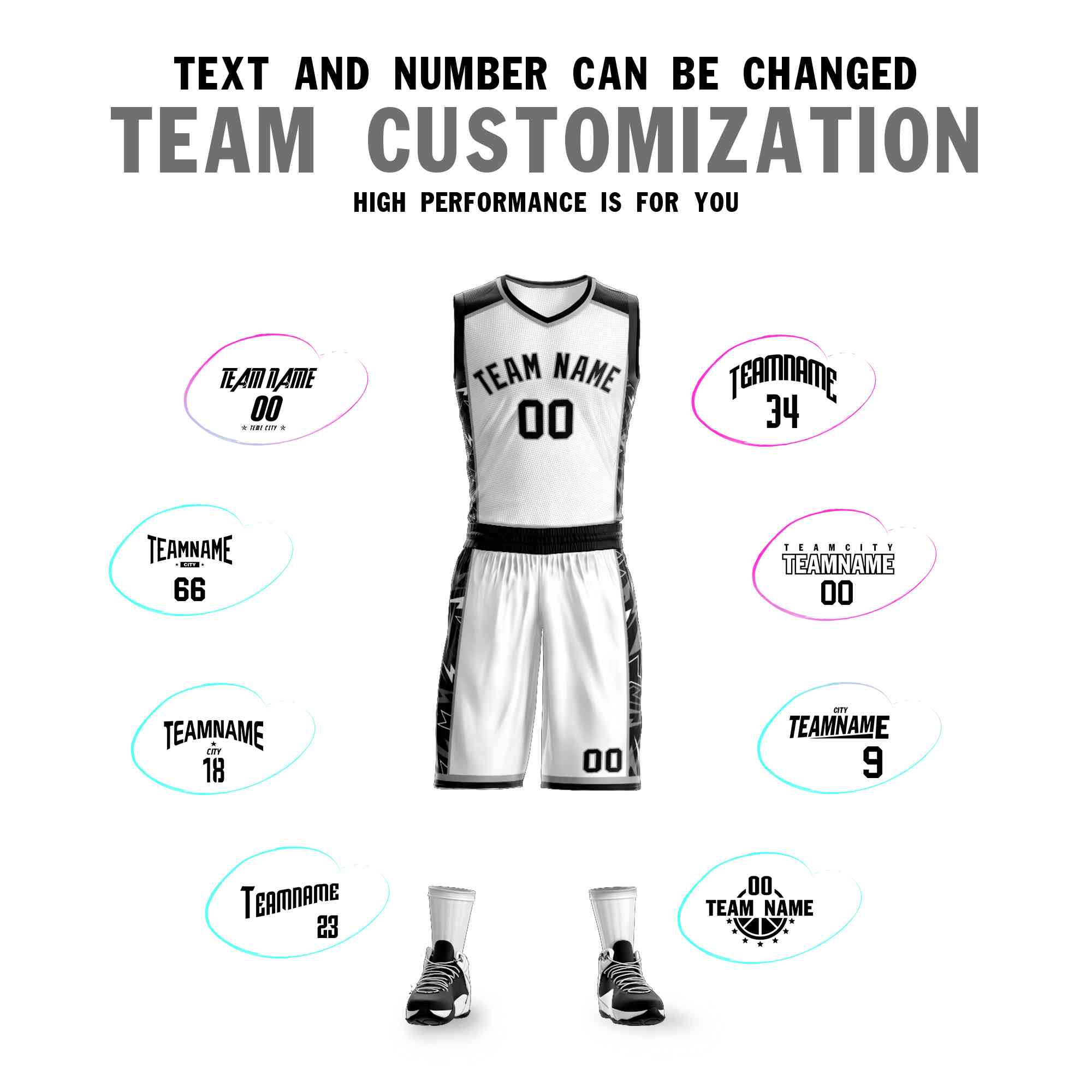 Custom White Black-Gray Graffiti Pattern Kits Lightning Basketball Jersey