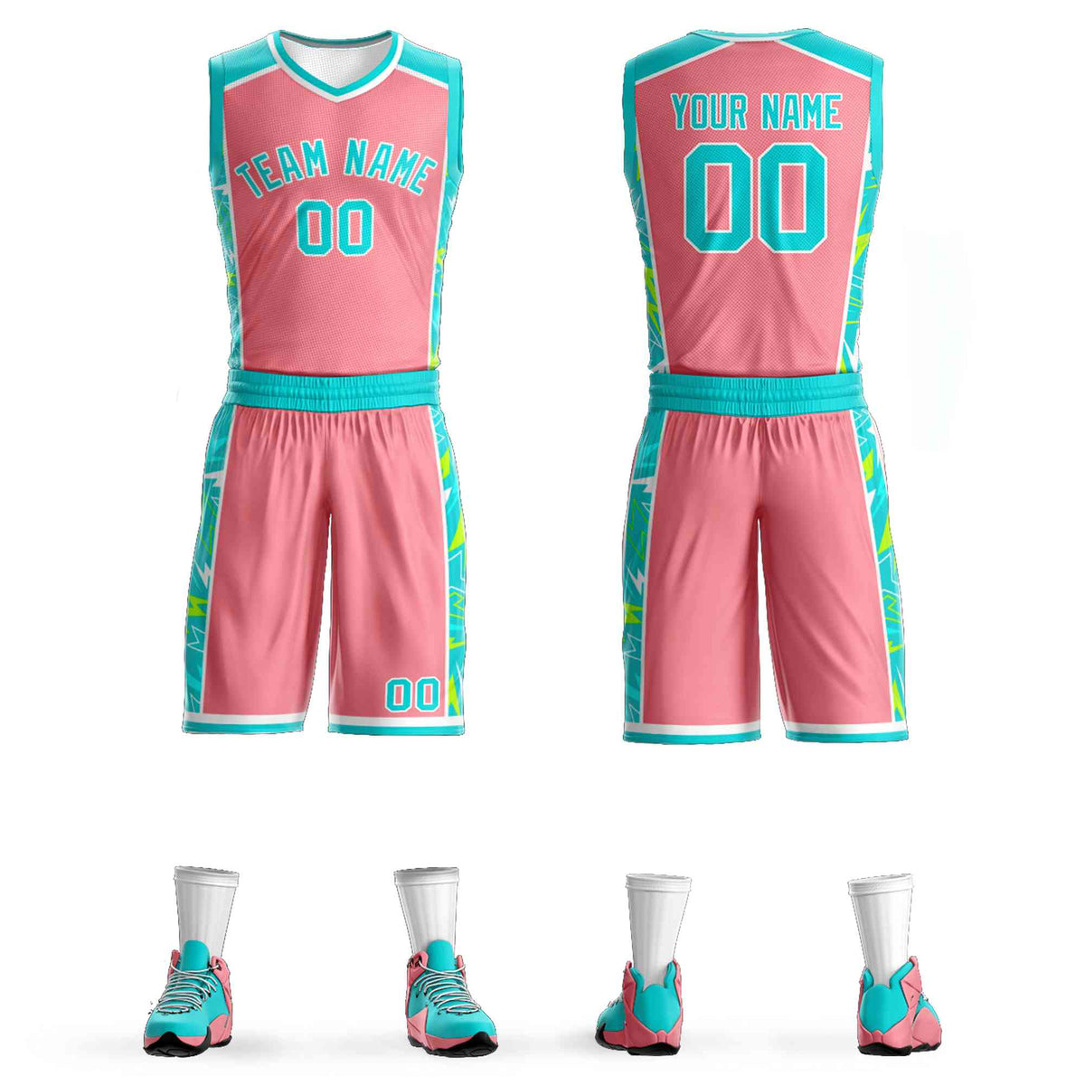 Custom Pink Aqua-White Graffiti Pattern Kits Lightning Basketball Jersey