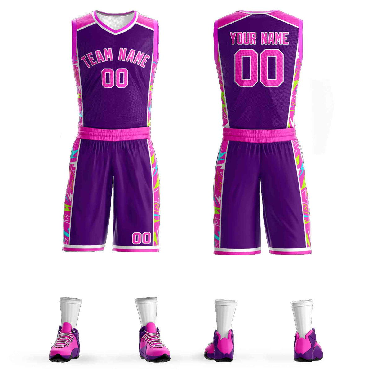 Custom Navy Pink-White Graffiti Pattern Kits Lightning Basketball Jersey