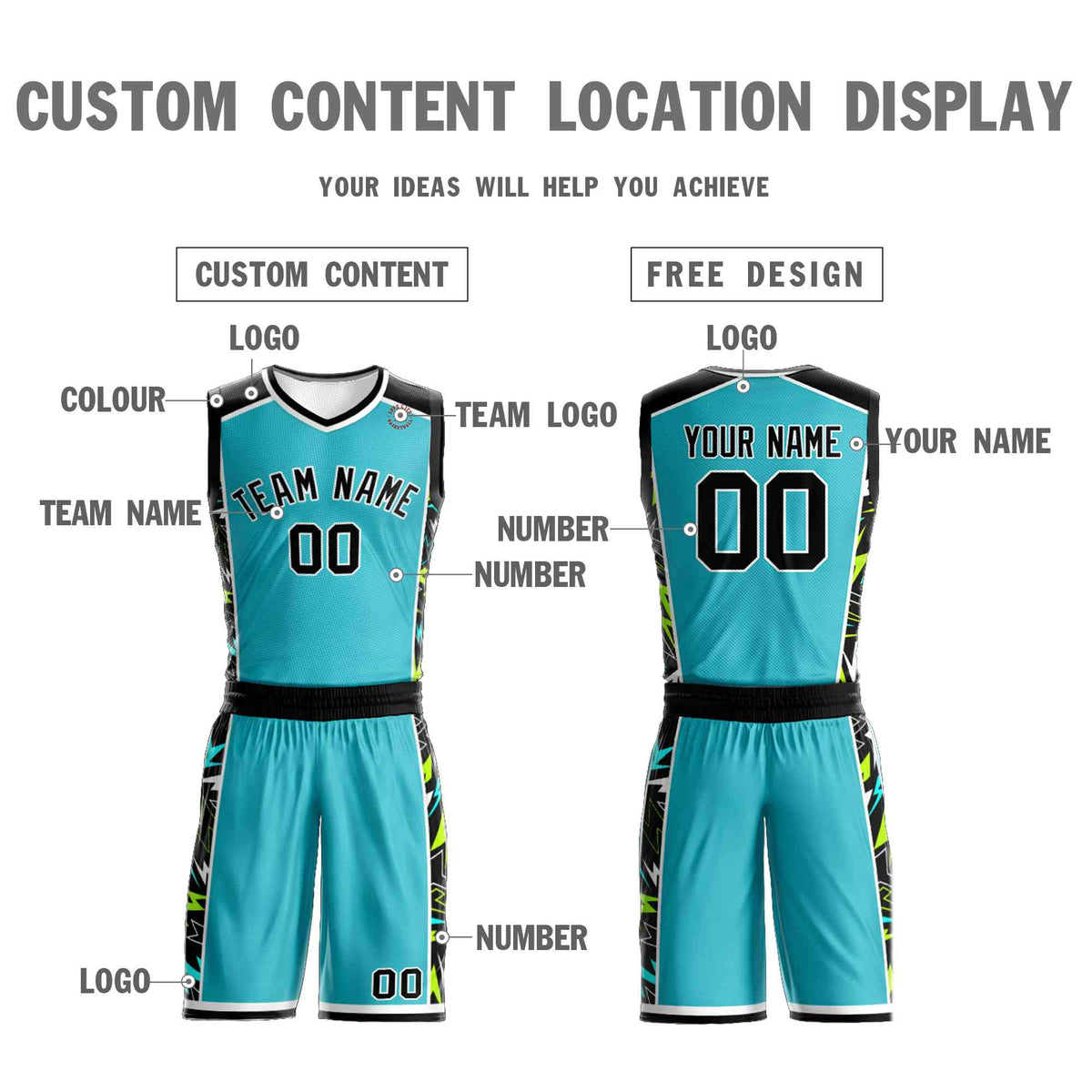 Custom Teal Black-White Graffiti Pattern Kits Lightning Basketball Jersey
