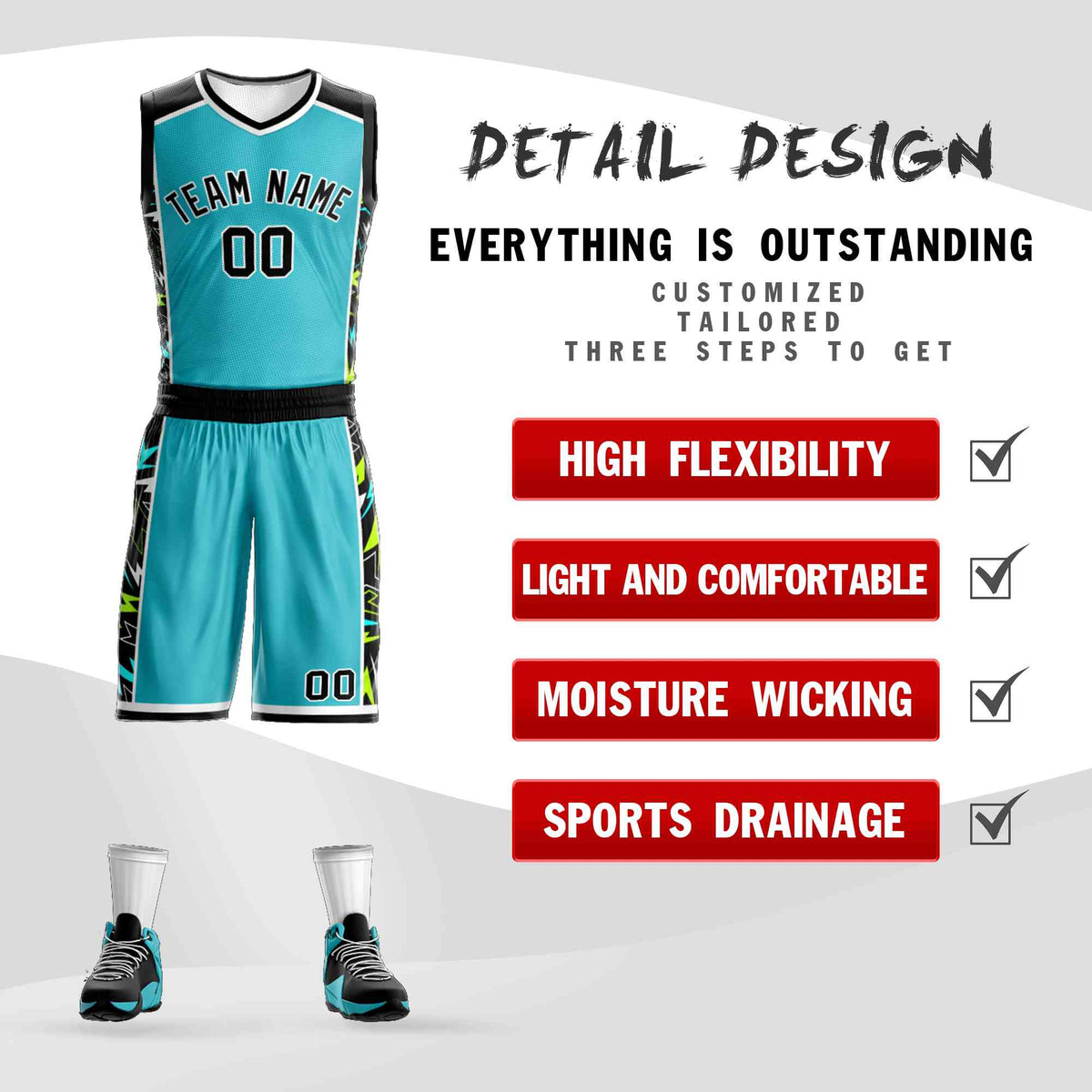Custom Teal Black-White Graffiti Pattern Kits Lightning Basketball Jersey