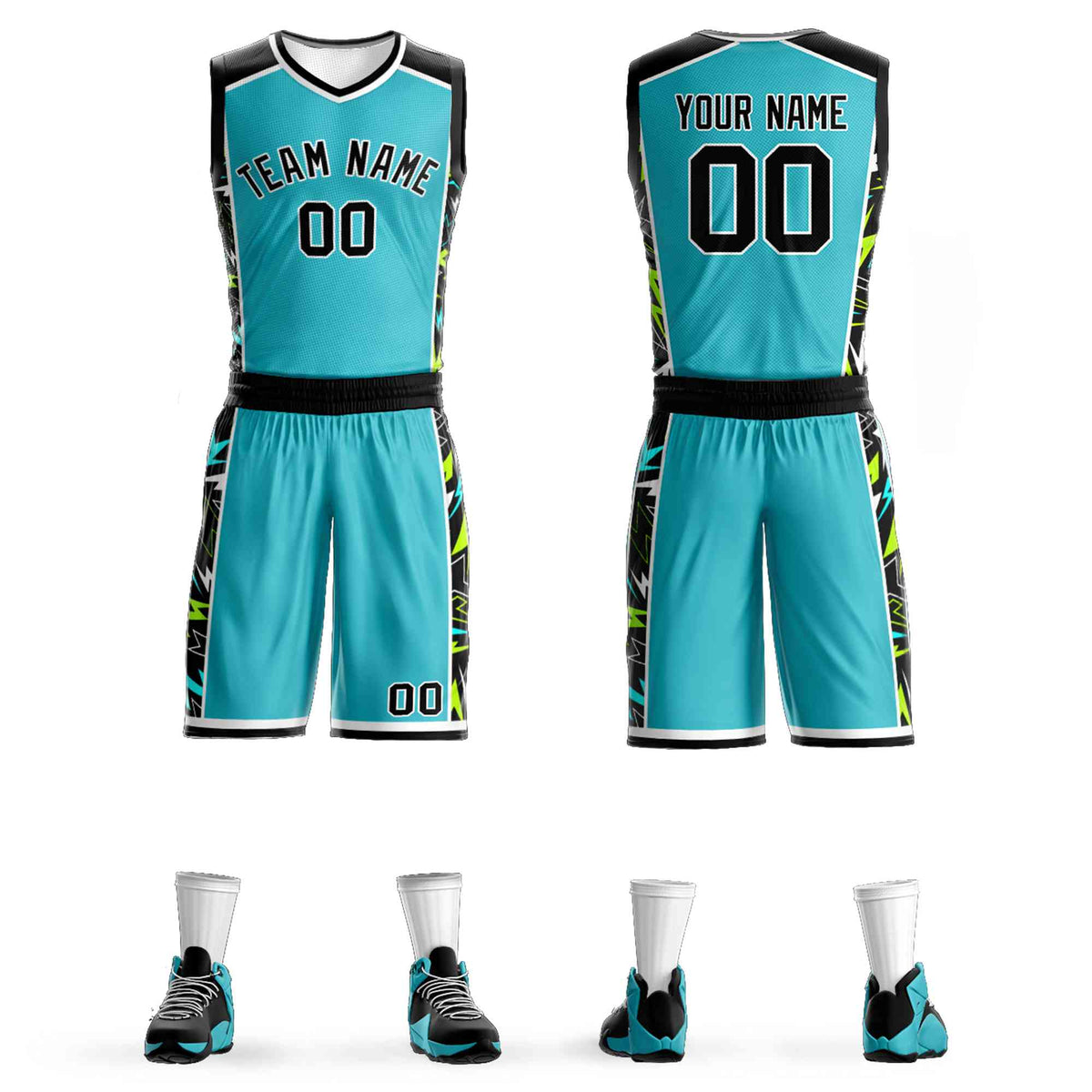 Custom Teal Black-White Graffiti Pattern Kits Lightning Basketball Jersey