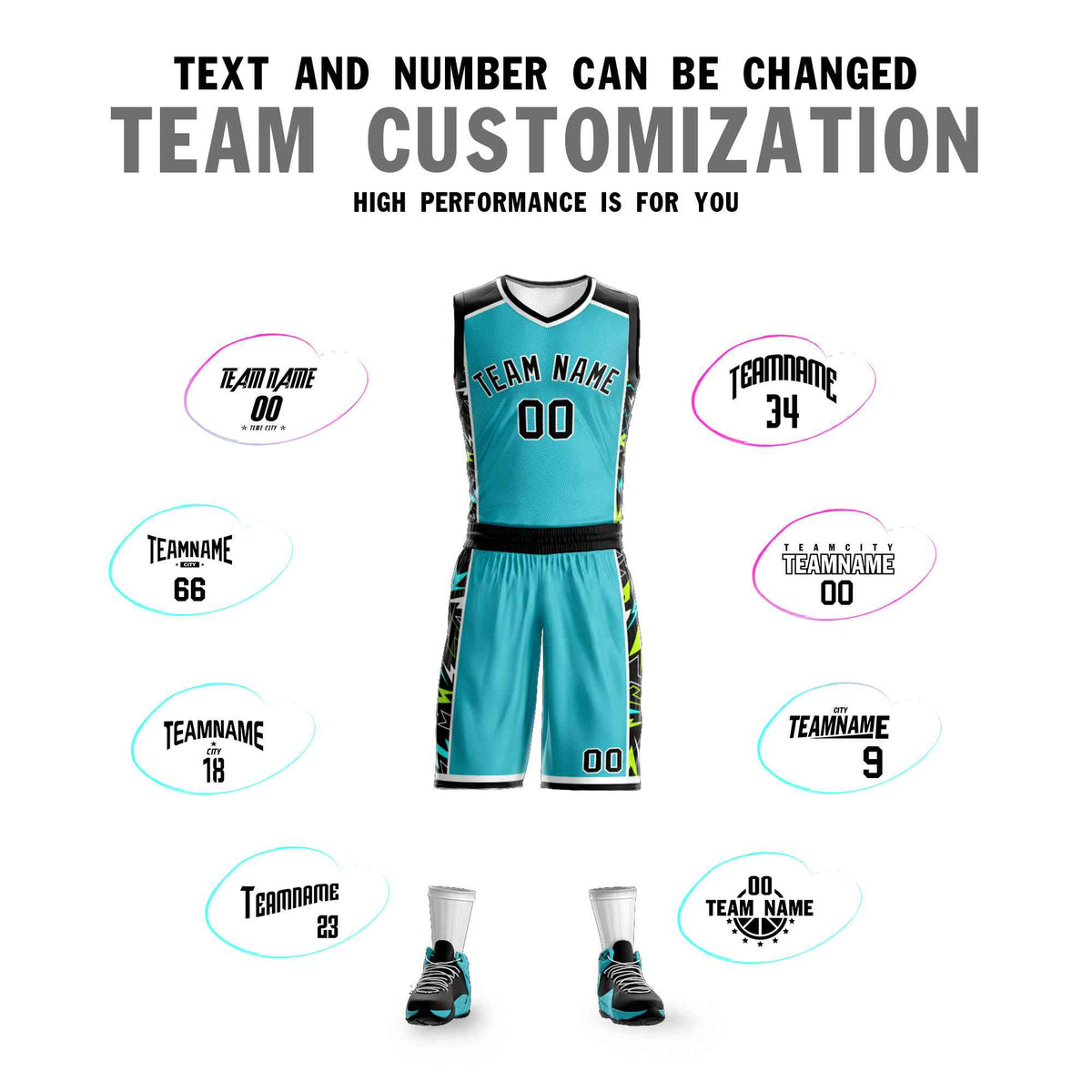 Custom Teal Black-White Graffiti Pattern Kits Lightning Basketball Jersey