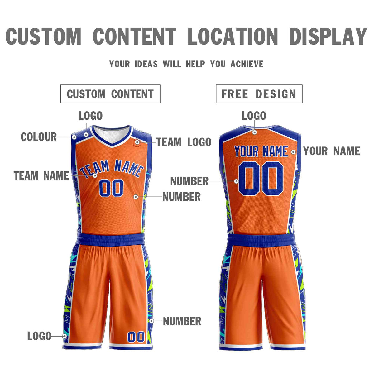 Custom Orange Royal-White Graffiti Pattern Kits Lightning Basketball Jersey