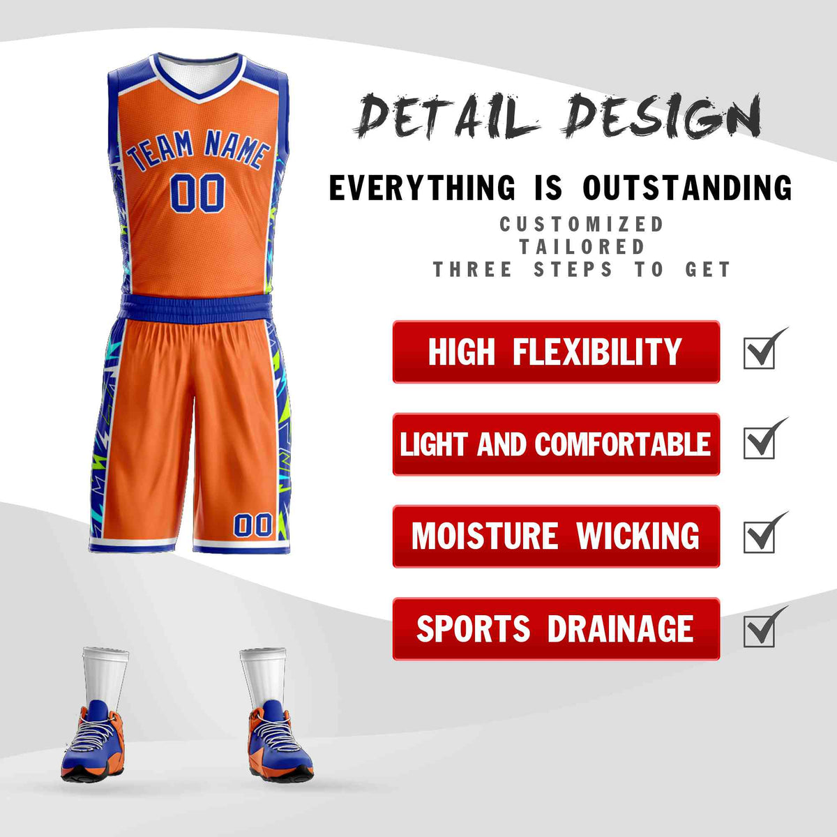 Custom Orange Royal-White Graffiti Pattern Kits Lightning Basketball Jersey