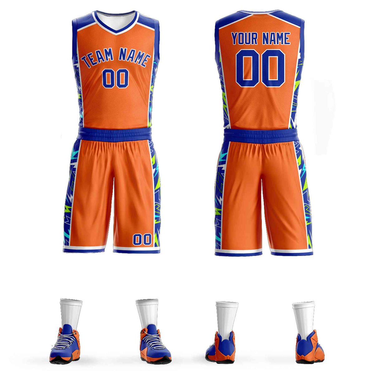 Custom Orange Royal-White Graffiti Pattern Kits Lightning Basketball Jersey
