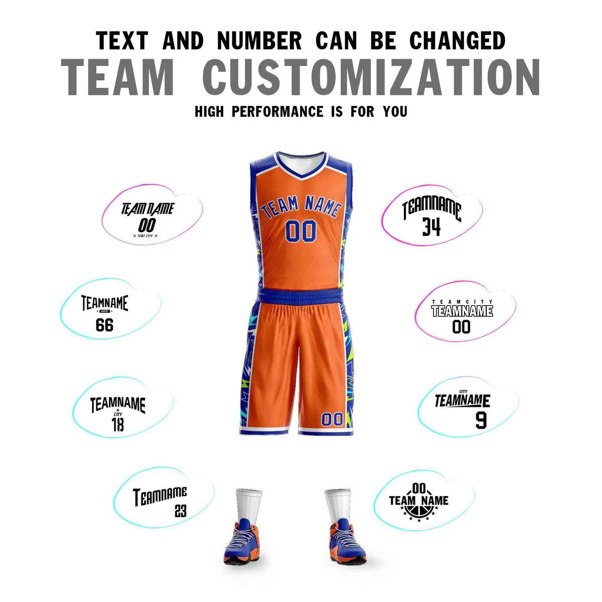 Custom Orange Royal-White Graffiti Pattern Kits Lightning Basketball Jersey