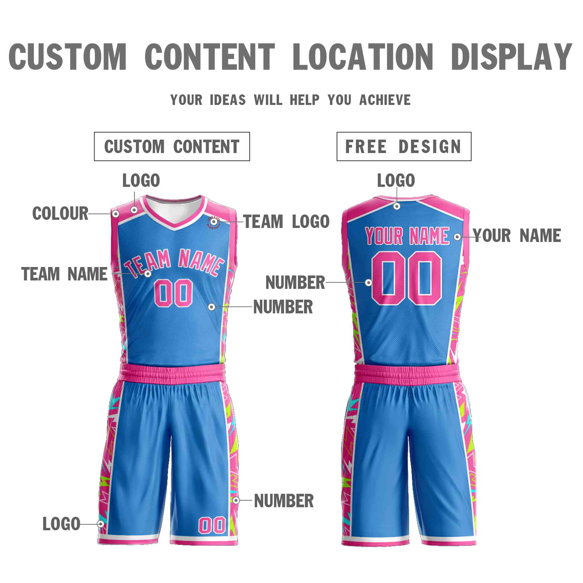 Custom Powder Blue Pink-White Graffiti Pattern Kits Lightning Basketball Jersey
