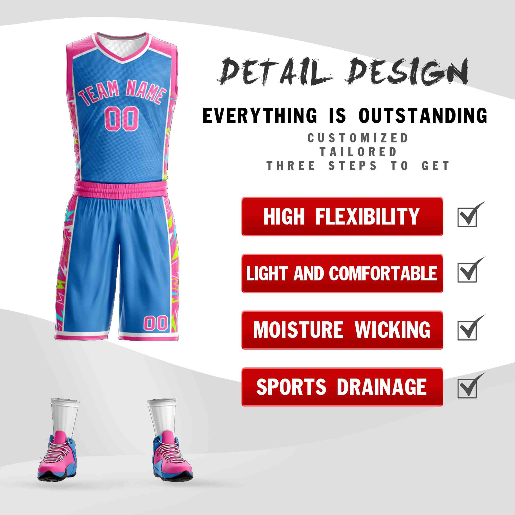 Custom Powder Blue Pink-White Graffiti Pattern Kits Lightning Basketball Jersey