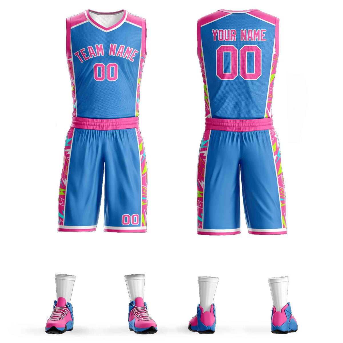 Custom Powder Blue Pink-White Graffiti Pattern Kits Lightning Basketball Jersey