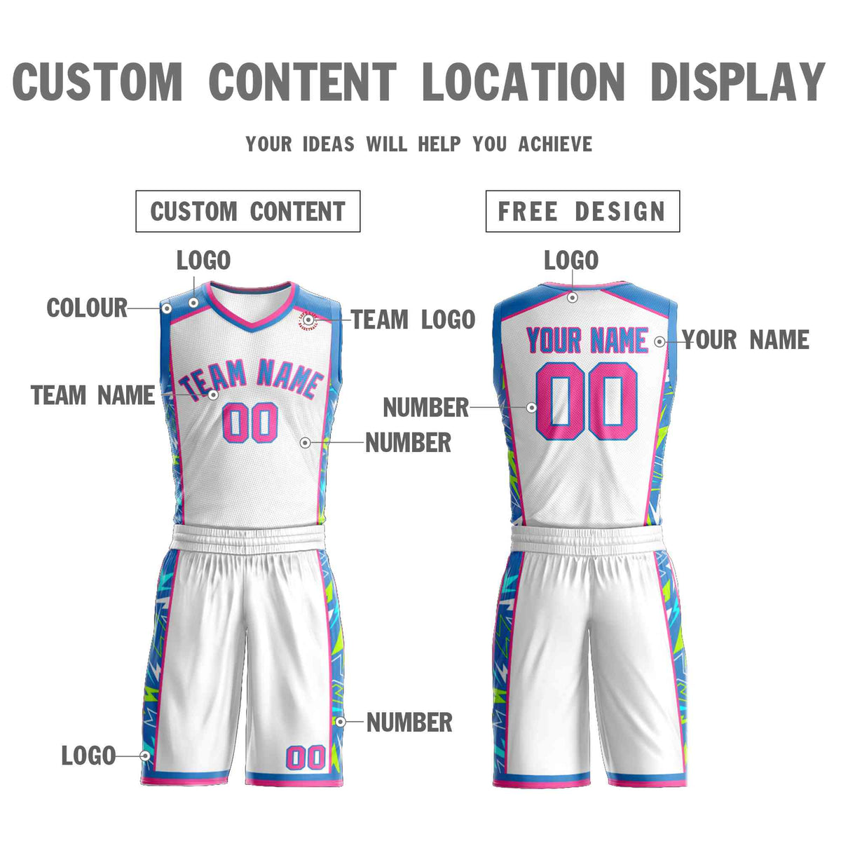 Custom White Powder Blue-Pink Graffiti Pattern Kits Lightning Basketball Jersey