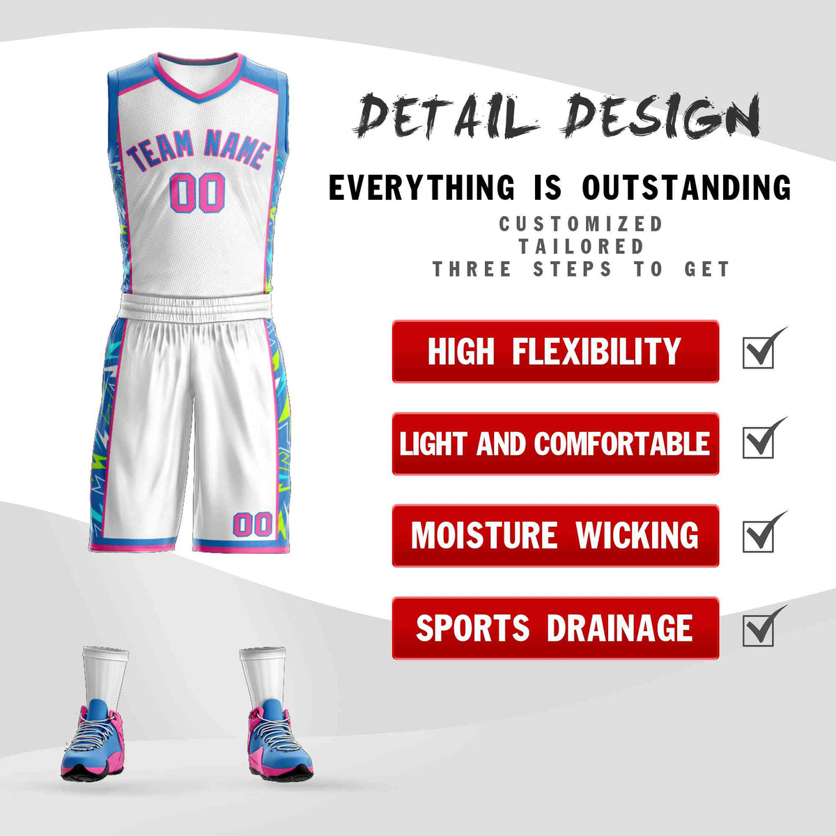 Custom White Powder Blue-Pink Graffiti Pattern Kits Lightning Basketball Jersey