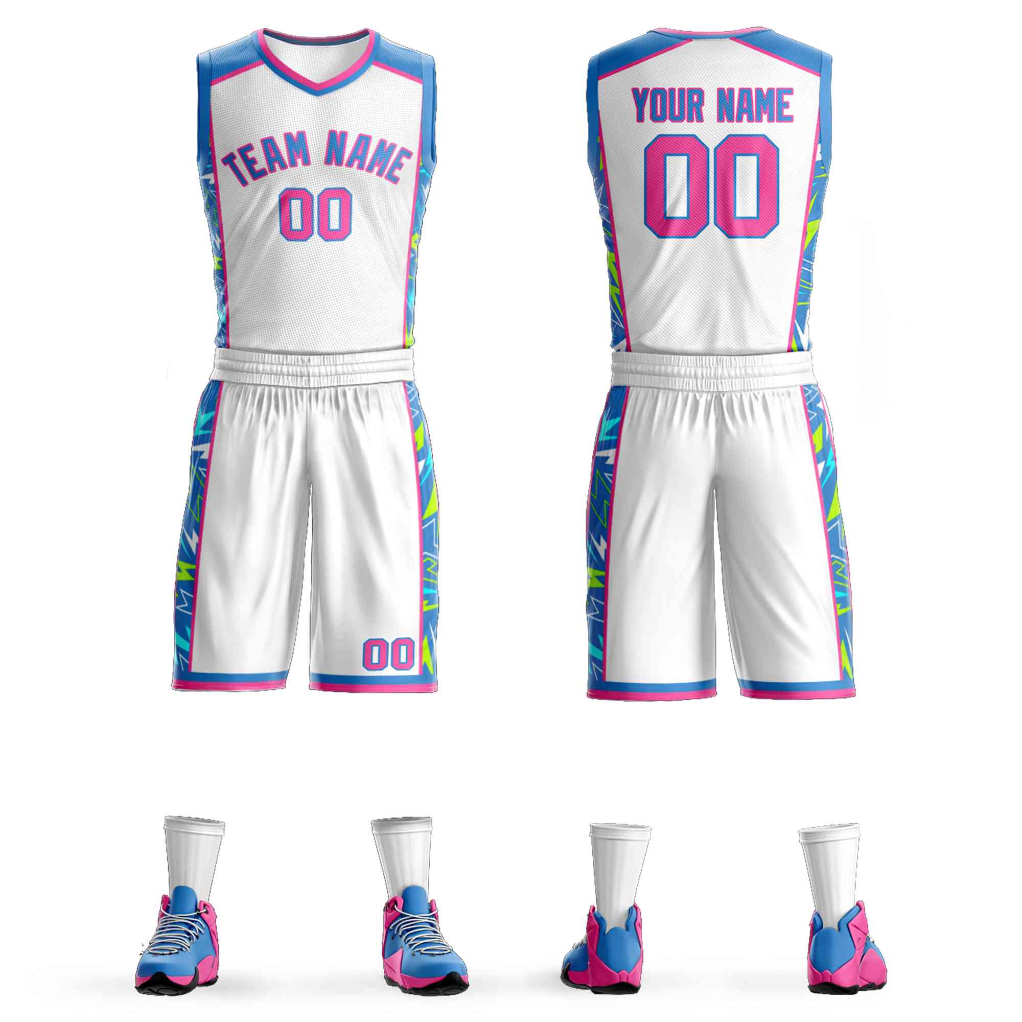 Custom White Powder Blue-Pink Graffiti Pattern Kits Lightning Basketball Jersey