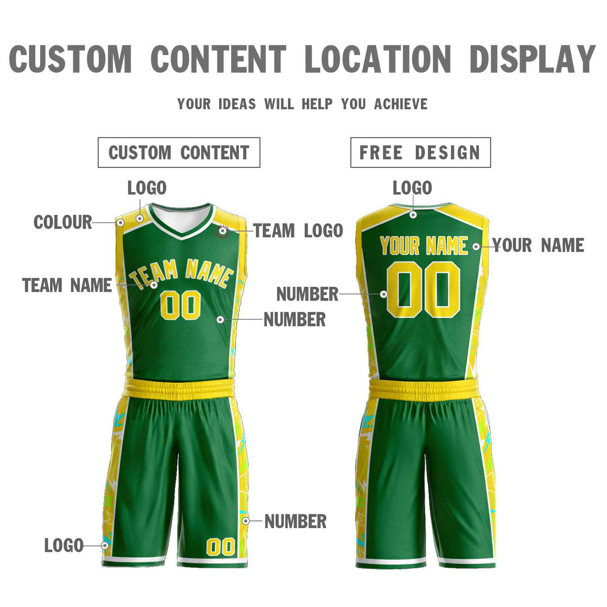 Custom Kelly Green Gold-White Graffiti Pattern Kits Lightning Basketball Jersey
