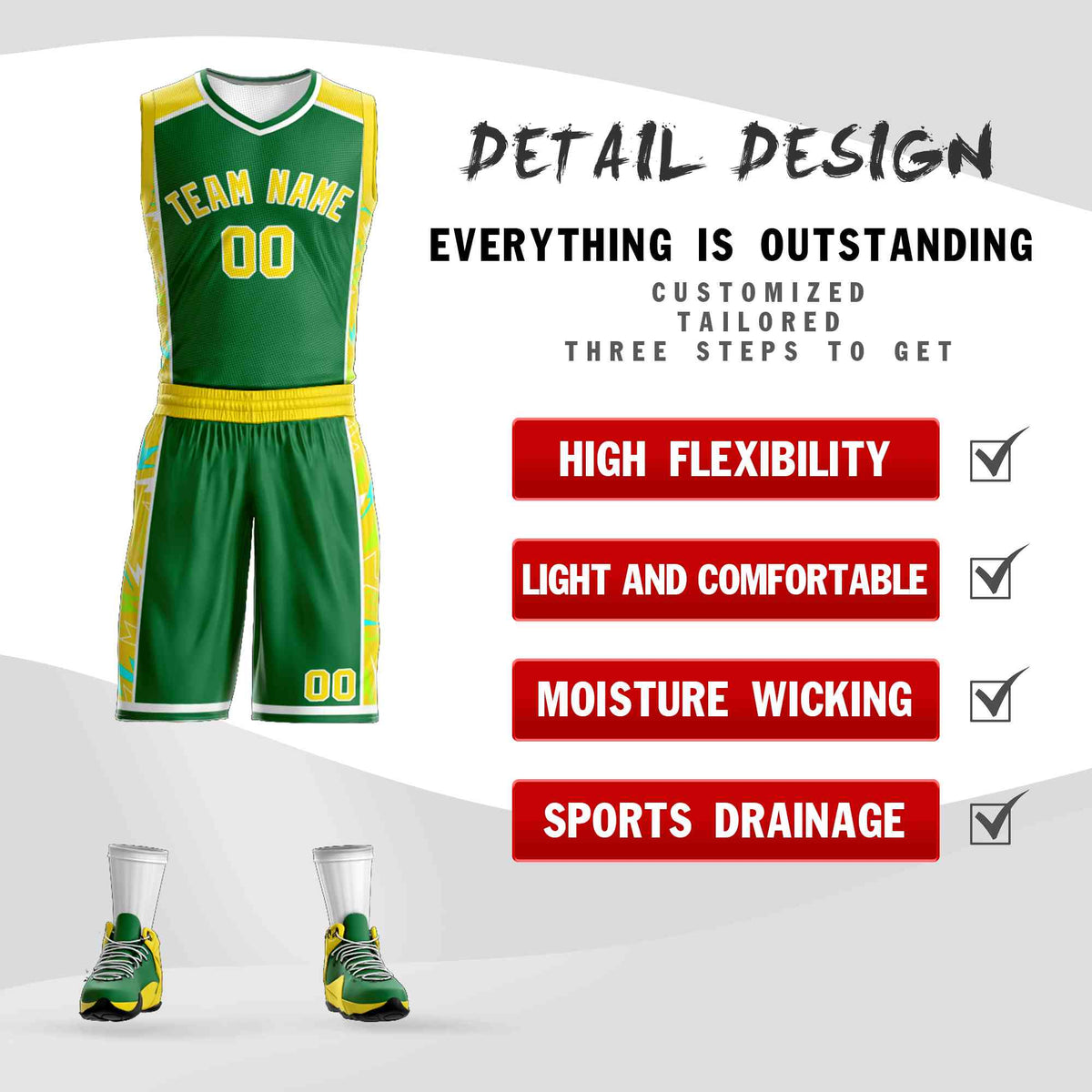 Custom Kelly Green Gold-White Graffiti Pattern Kits Lightning Basketball Jersey