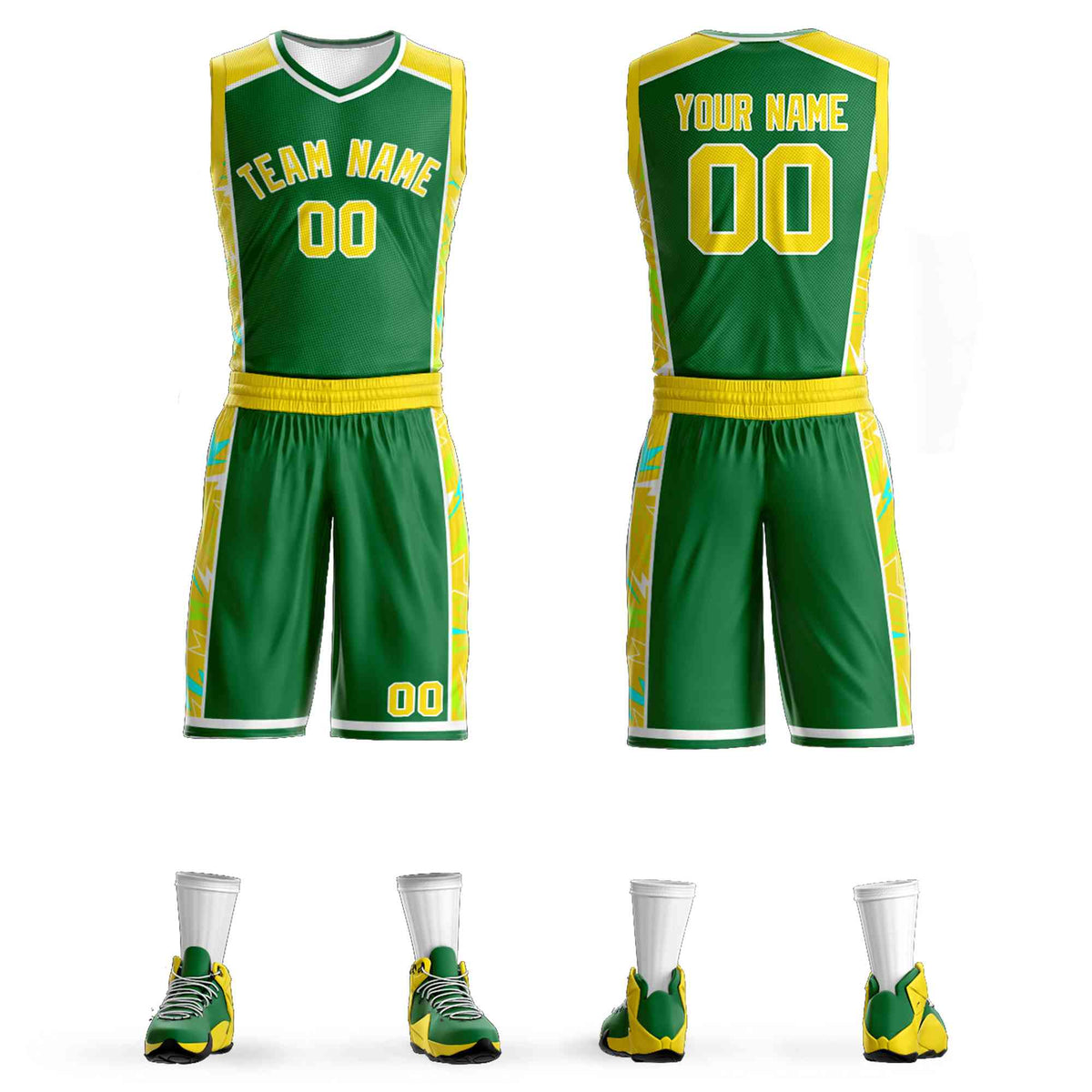 Custom Kelly Green Gold-White Graffiti Pattern Kits Lightning Basketball Jersey