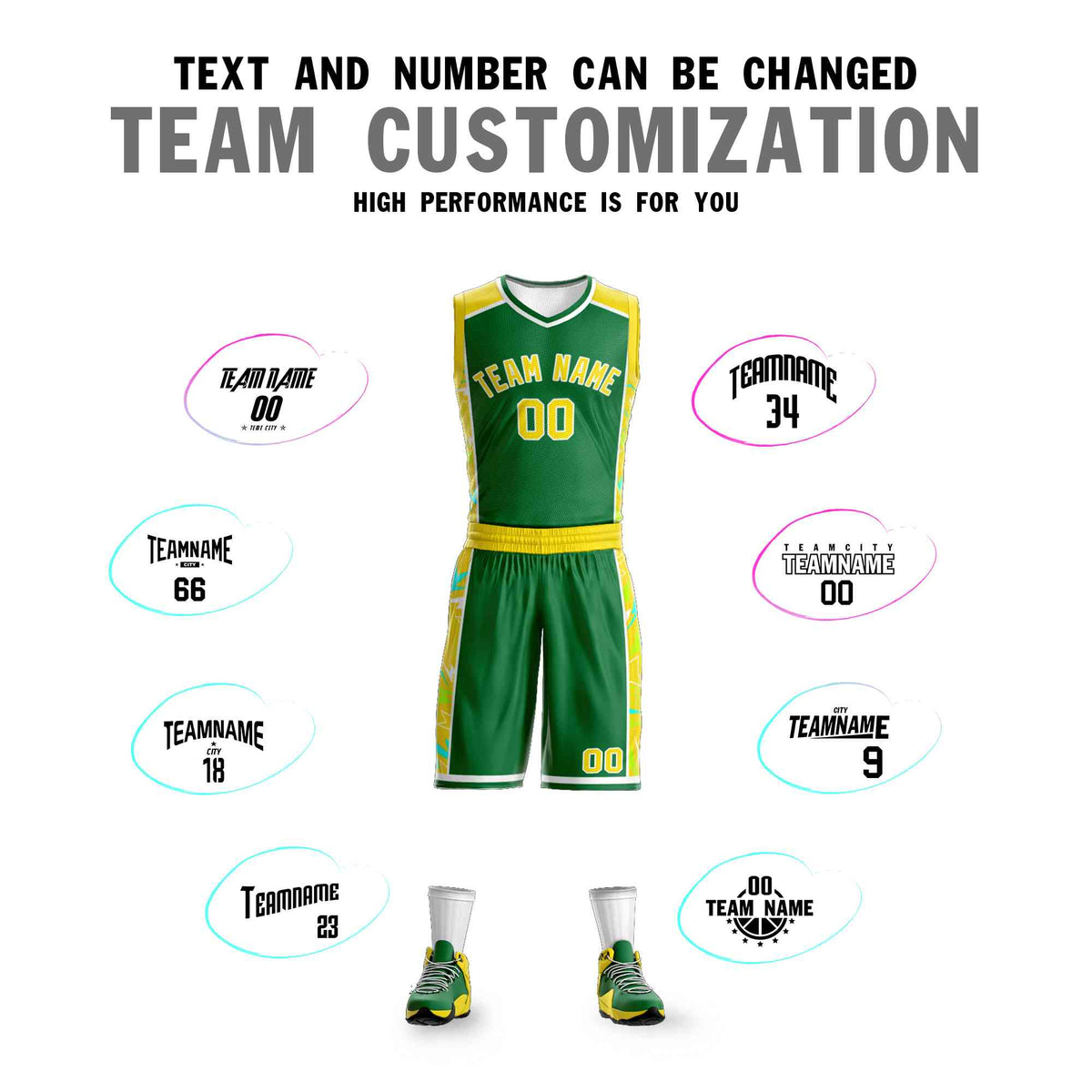 Custom Kelly Green Gold-White Graffiti Pattern Kits Lightning Basketball Jersey