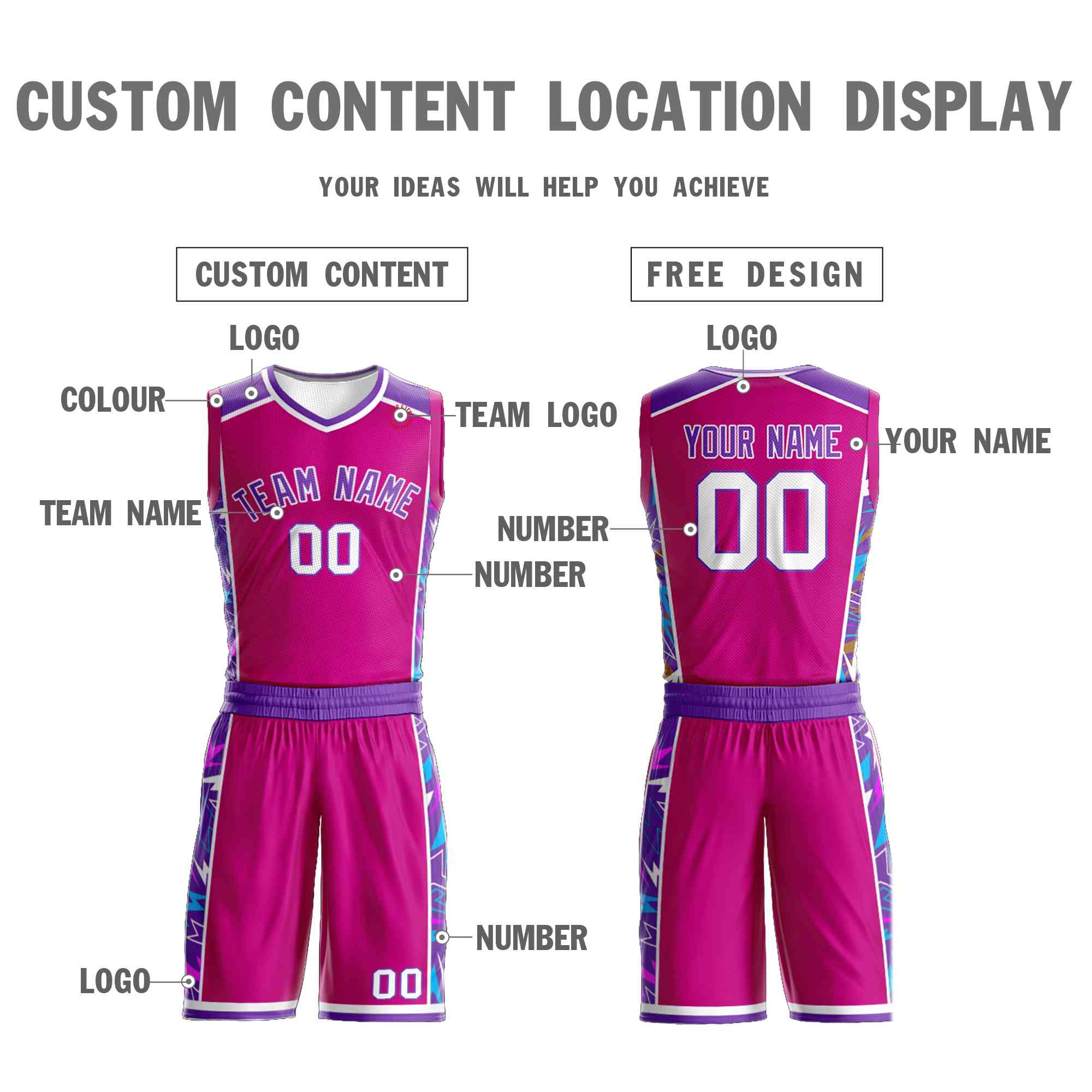 Custom Rose Pink Purple-White Graffiti Pattern Kits Lightning Basketball Jersey