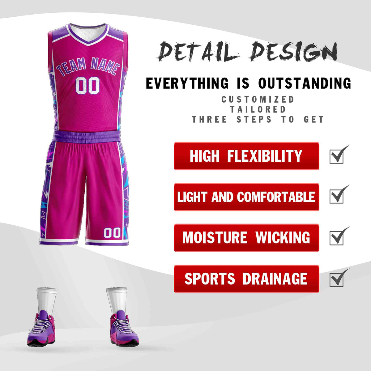 Custom Rose Pink Purple-White Graffiti Pattern Kits Lightning Basketball Jersey