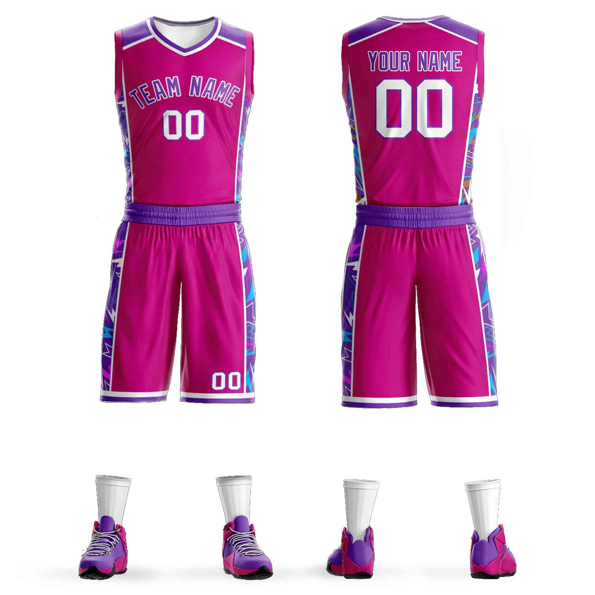 Custom Rose Pink Purple-White Graffiti Pattern Kits Lightning Basketball Jersey