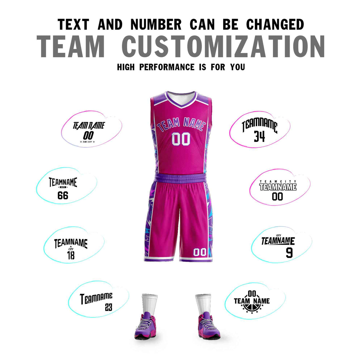 Custom Rose Pink Purple-White Graffiti Pattern Kits Lightning Basketball Jersey