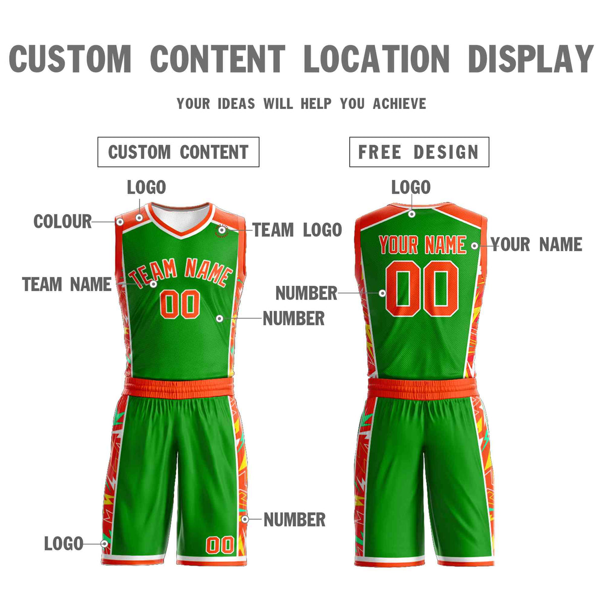 Custom Green Orange-White Graffiti Pattern Kits Lightning Basketball Jersey