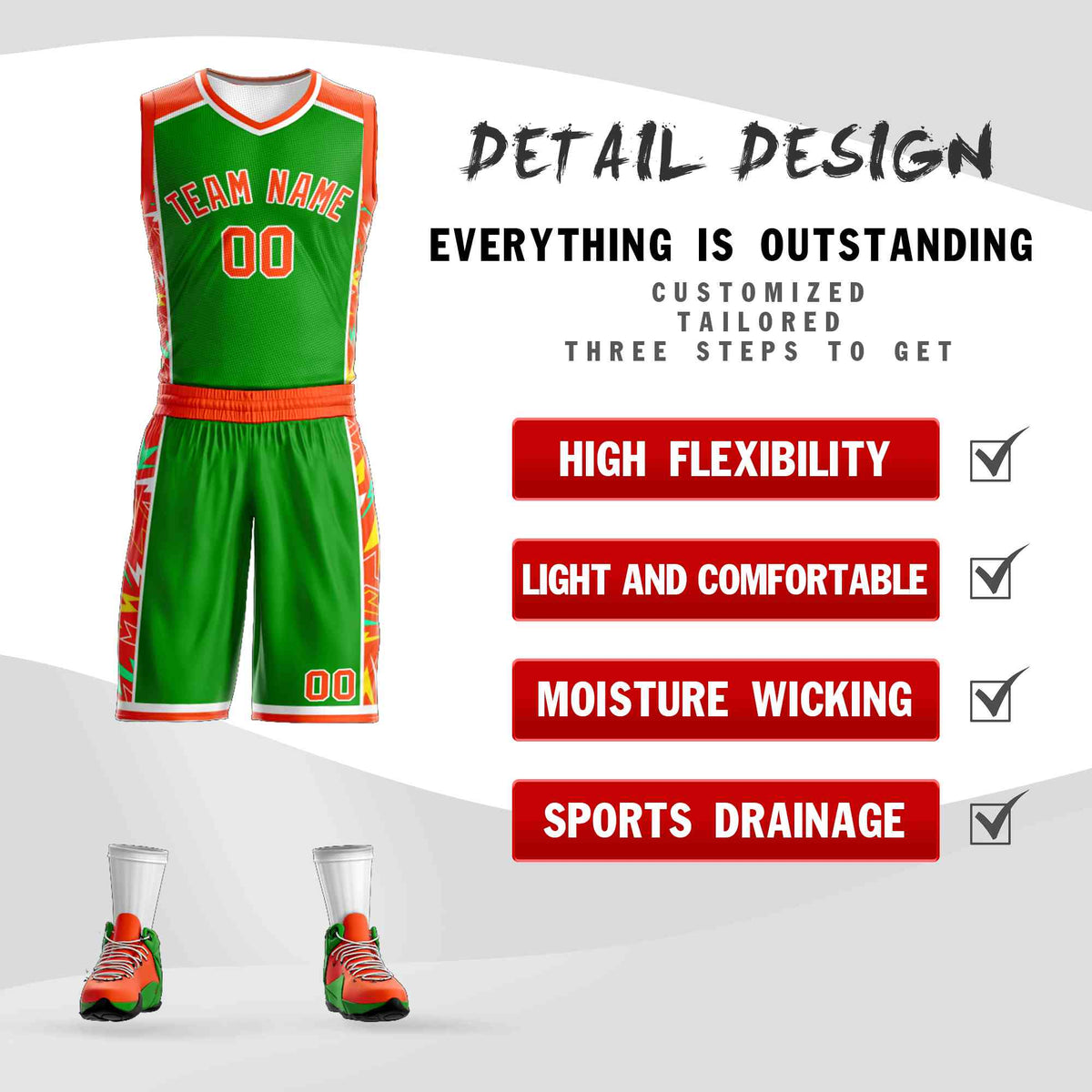 Custom Green Orange-White Graffiti Pattern Kits Lightning Basketball Jersey