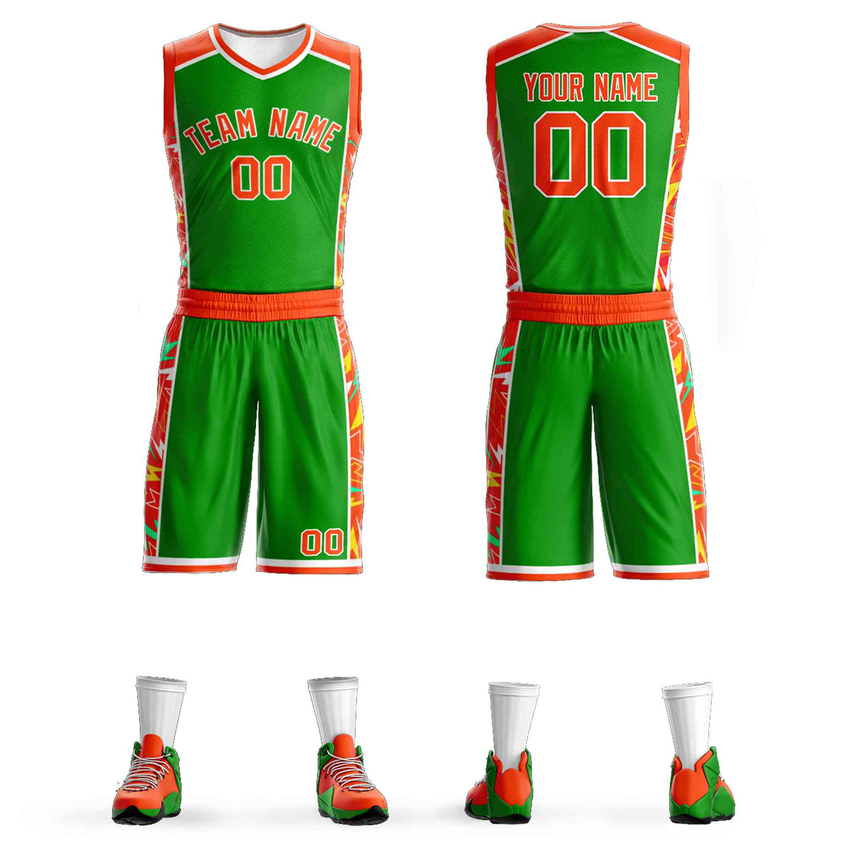 Custom Green Orange-White Graffiti Pattern Kits Lightning Basketball Jersey