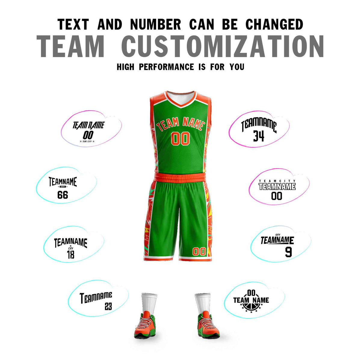 Custom Green Orange-White Graffiti Pattern Kits Lightning Basketball Jersey