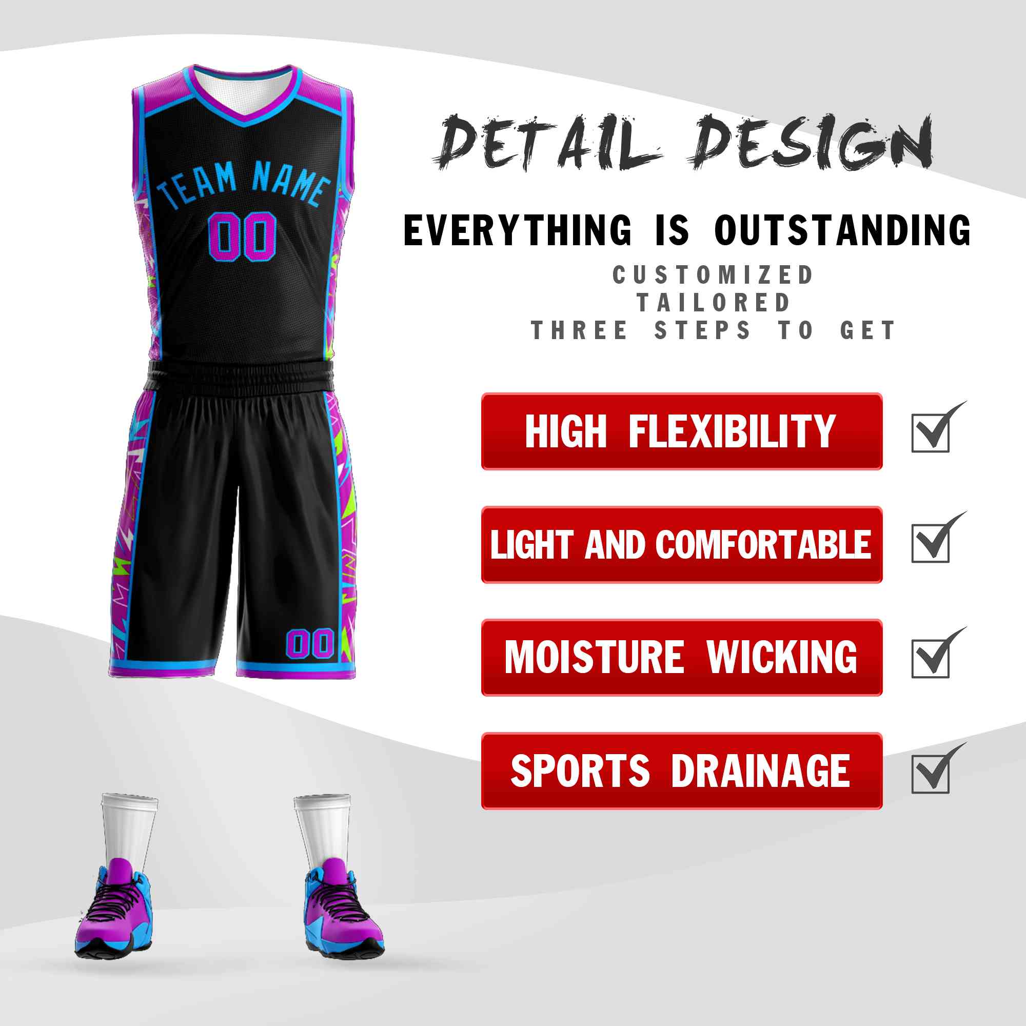 Custom Black Powder Blue Graffiti Pattern Kits Lightning Basketball Jersey