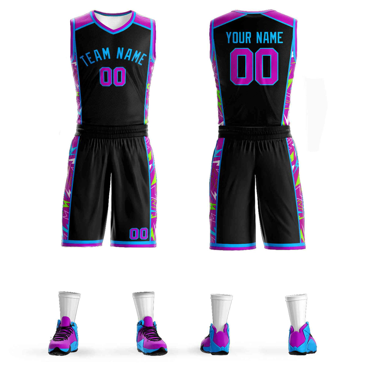 Custom Black Powder Blue Graffiti Pattern Kits Lightning Basketball Jersey