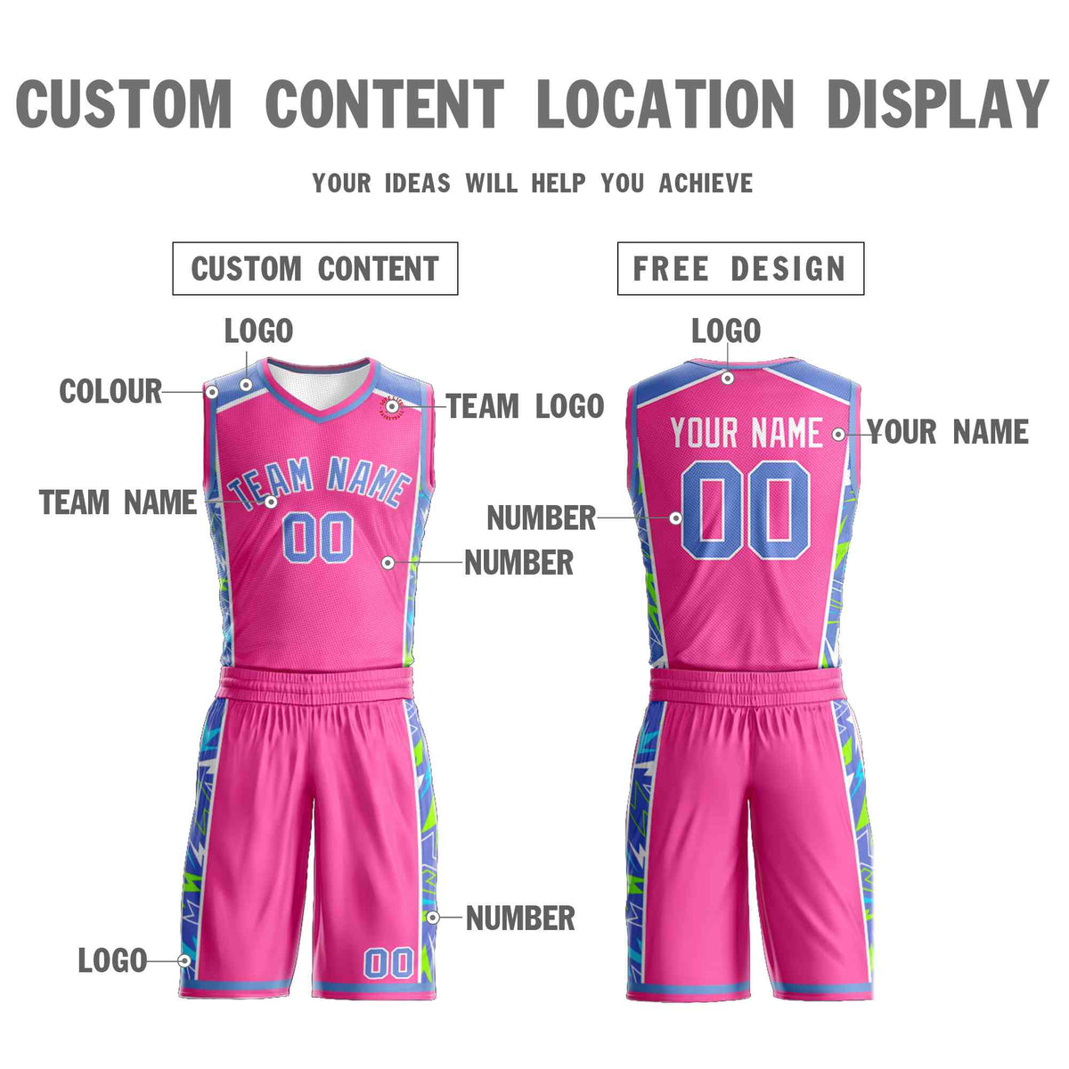 Custom Pink Powder Blue-White Graffiti Pattern Kits Lightning Basketball Jersey