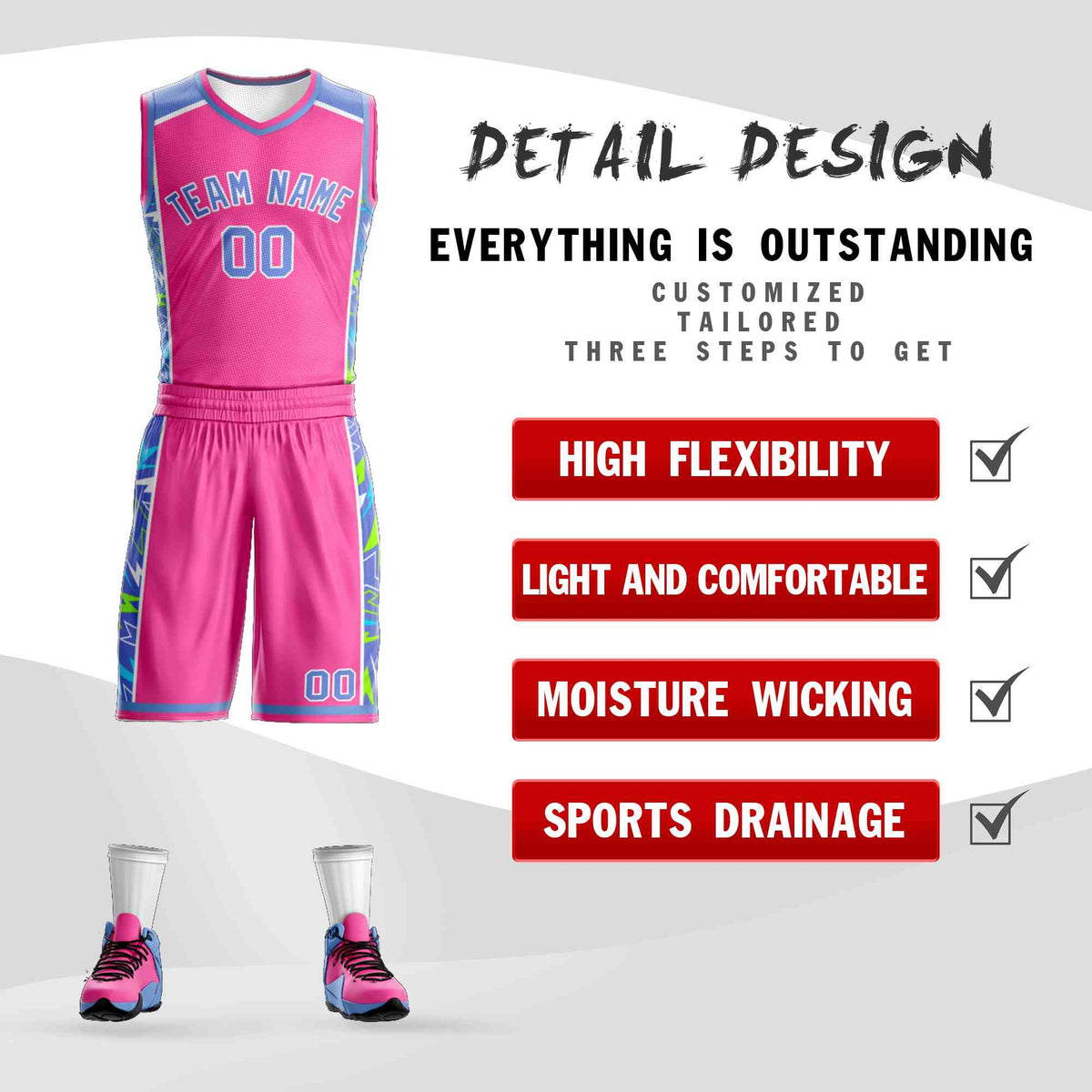 Custom Pink Powder Blue-White Graffiti Pattern Kits Lightning Basketball Jersey