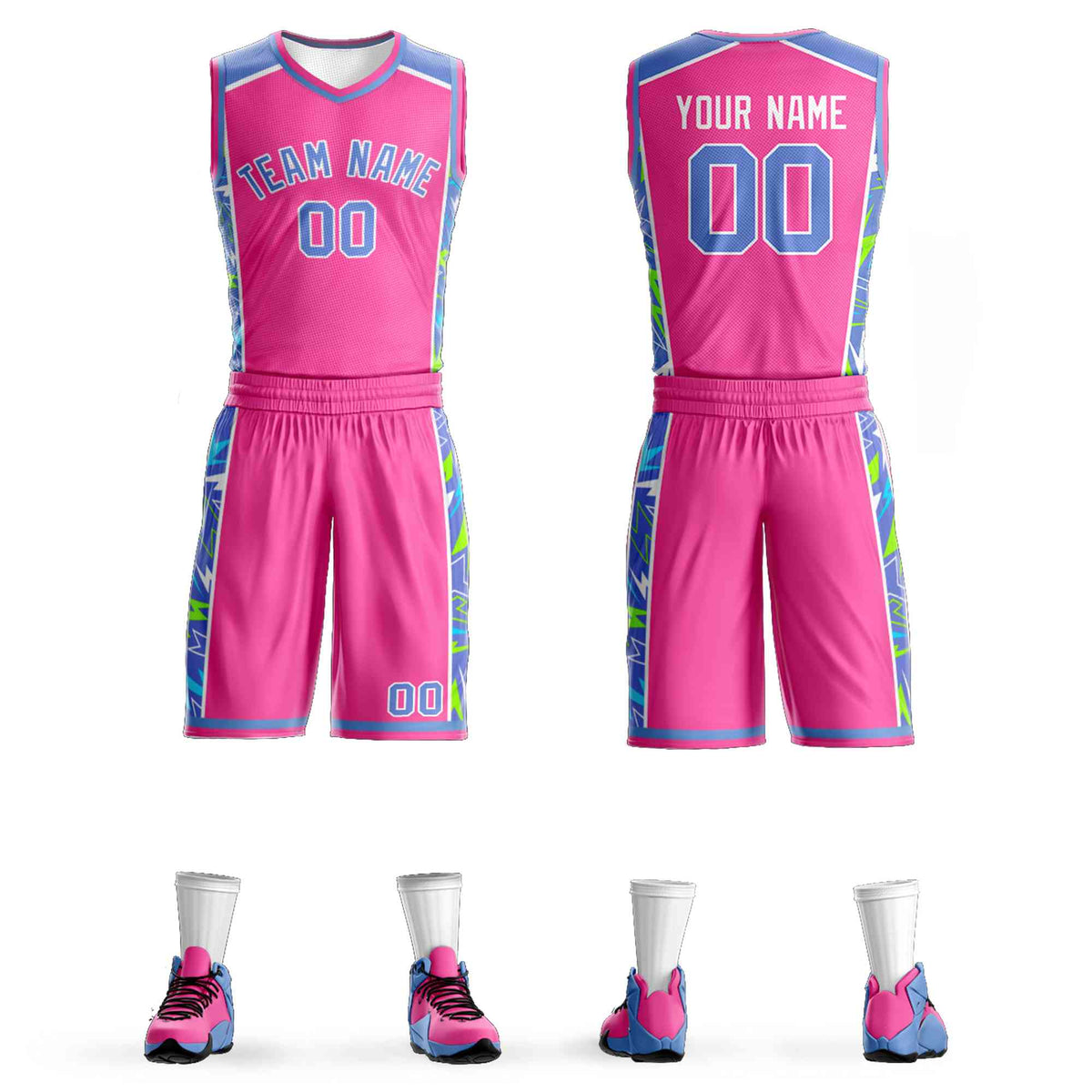 Custom Pink Powder Blue-White Graffiti Pattern Kits Lightning Basketball Jersey