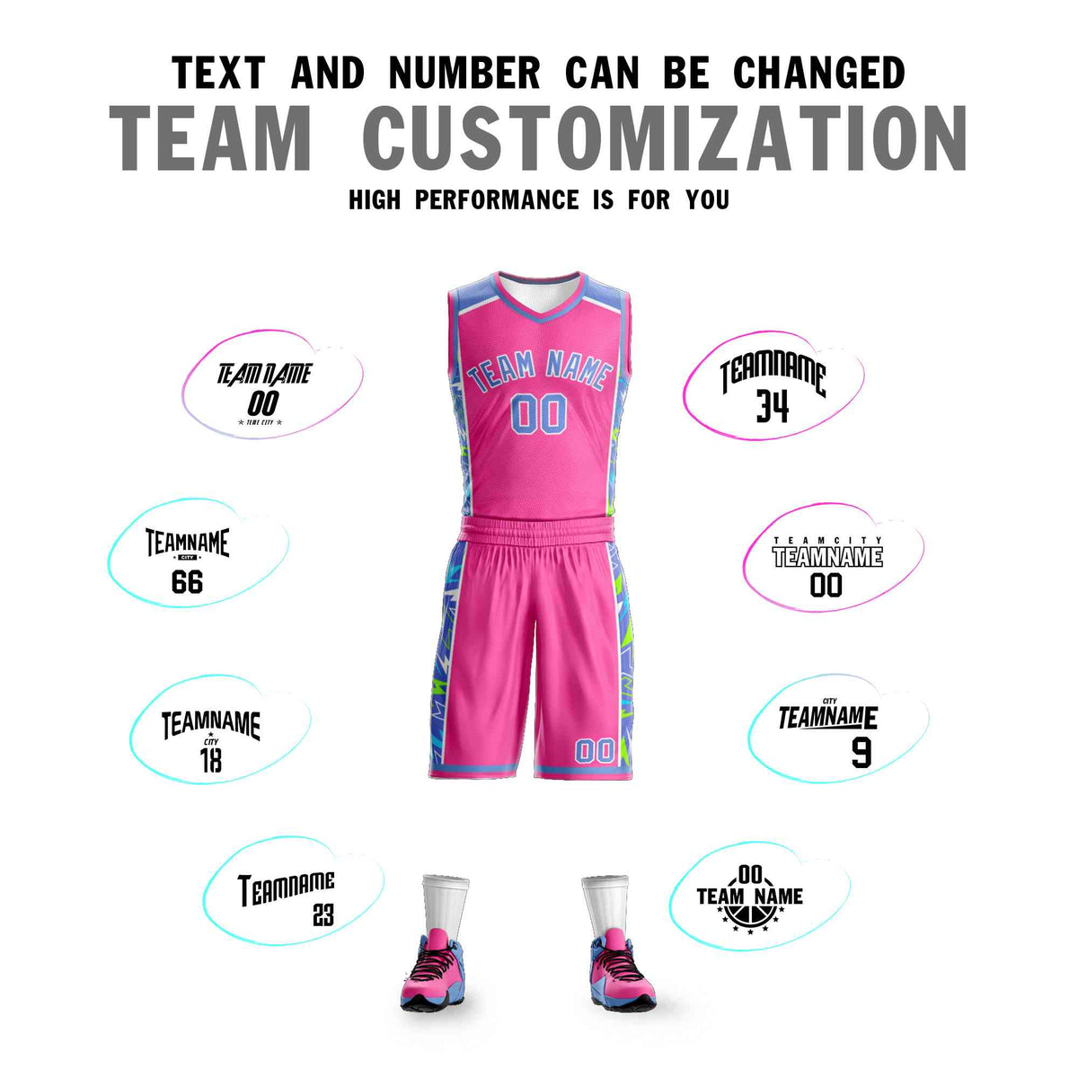 Custom Pink Powder Blue-White Graffiti Pattern Kits Lightning Basketball Jersey