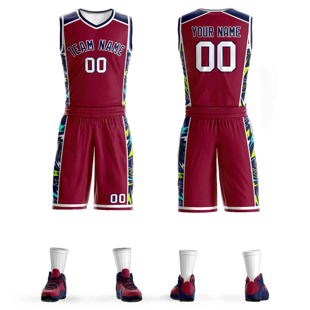 Custom Maroon Navy-White Graffiti Pattern Kits Lightning Basketball Jersey