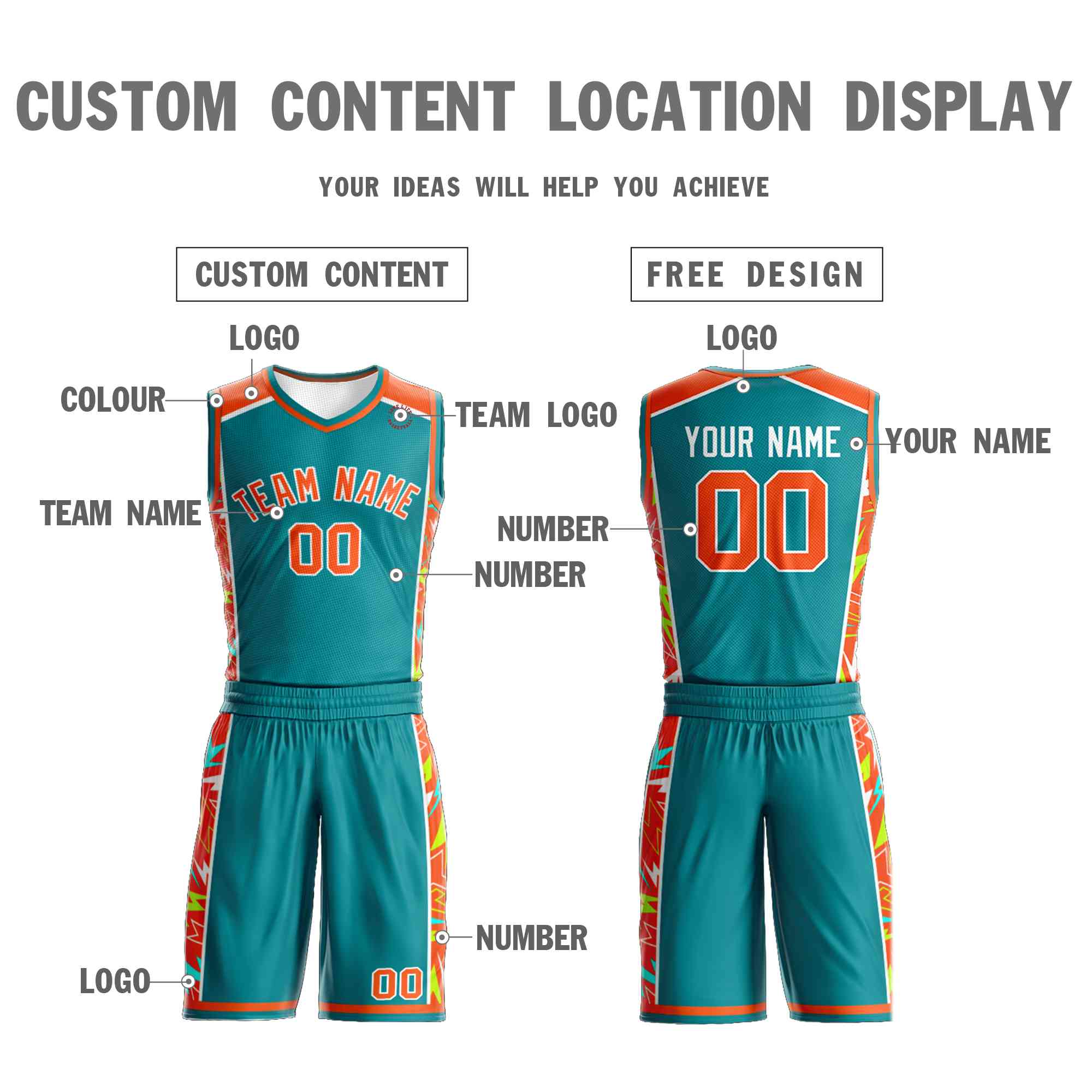 Custom Teal Orange-White Graffiti Pattern Kits Lightning Basketball Jersey
