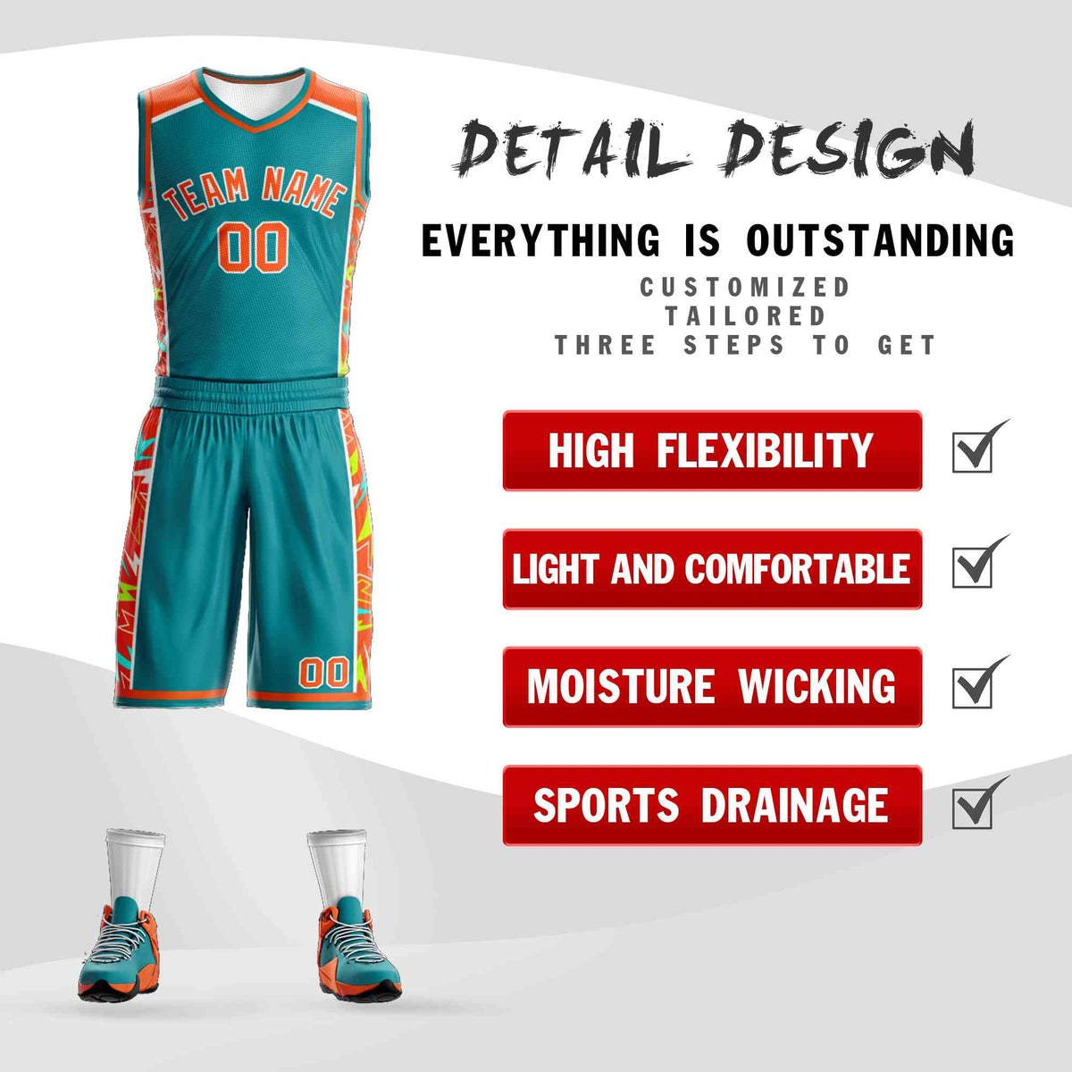 Custom Teal Orange-White Graffiti Pattern Kits Lightning Basketball Jersey