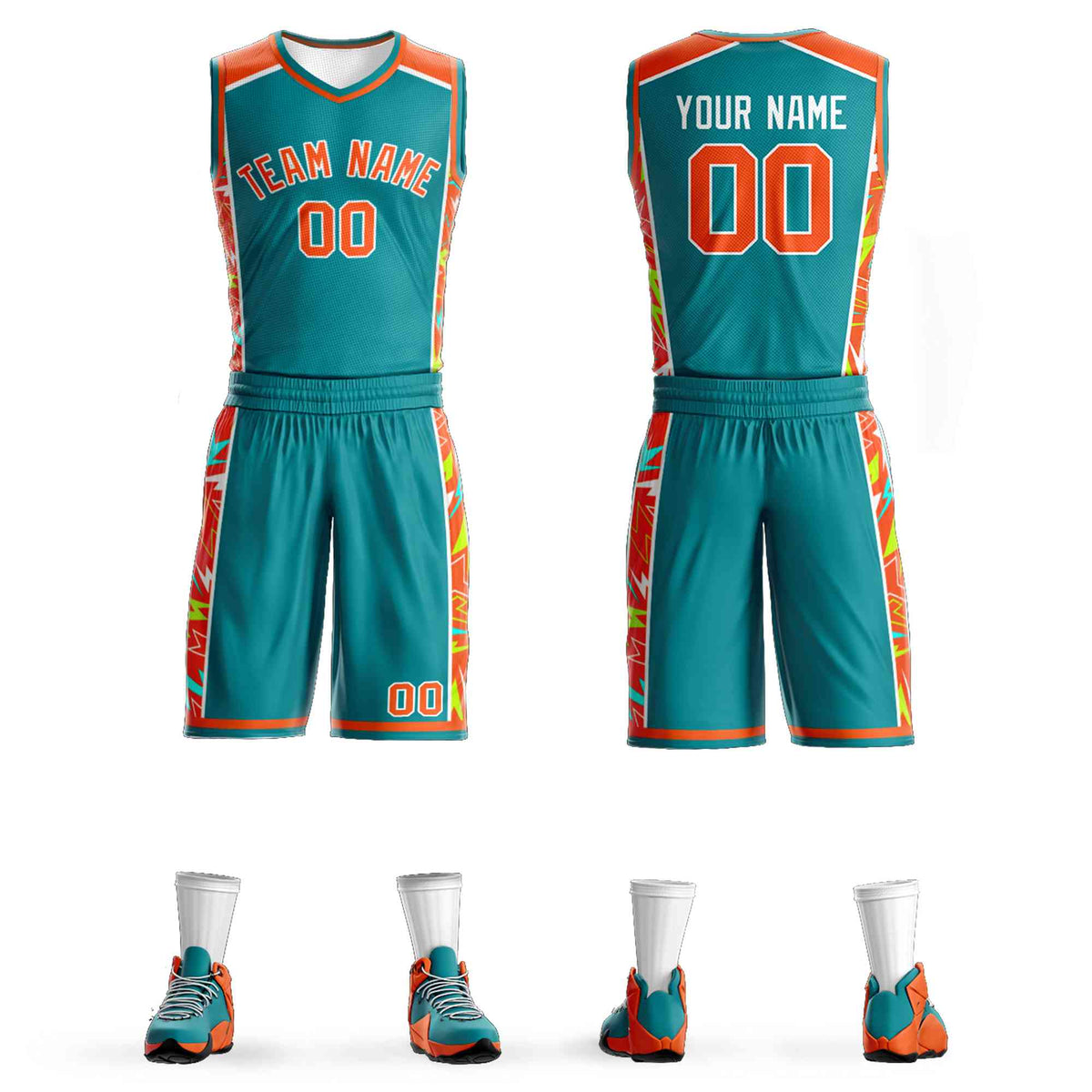 Custom Teal Orange-White Graffiti Pattern Kits Lightning Basketball Jersey
