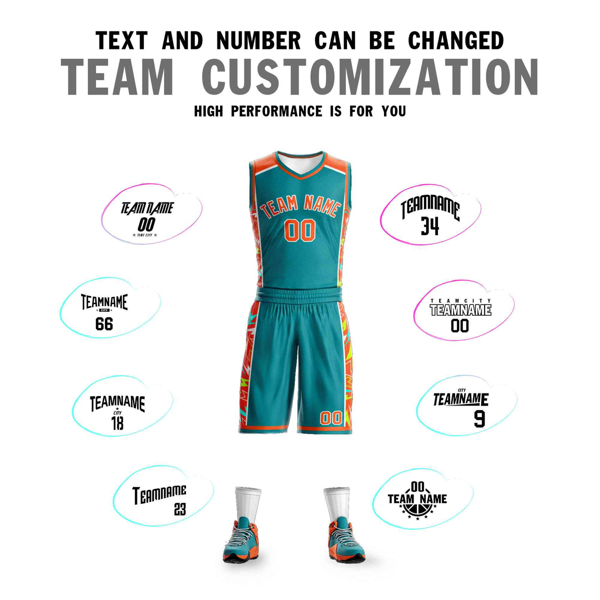 Custom Teal Orange-White Graffiti Pattern Kits Lightning Basketball Jersey