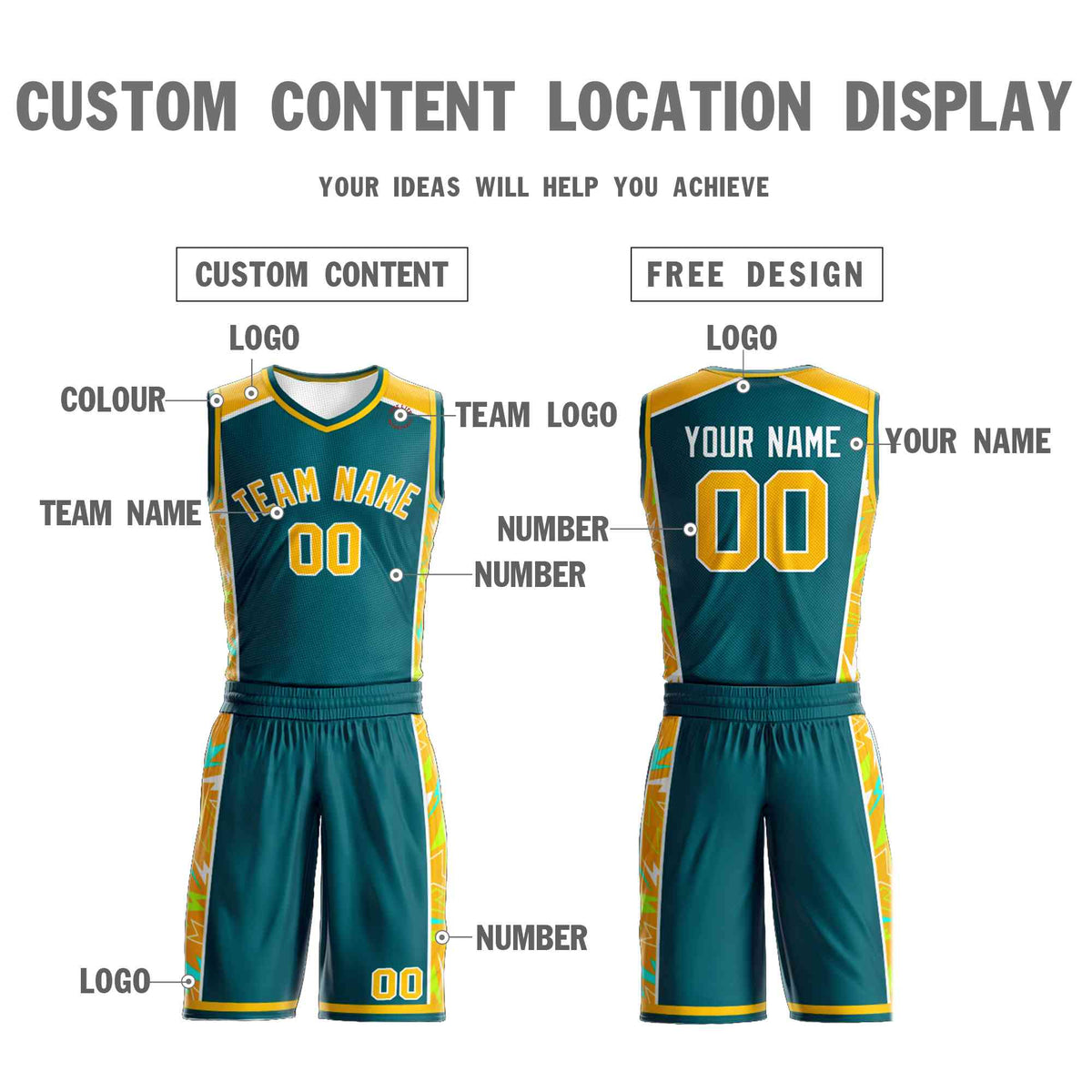 Custom Aqua Gold-White Graffiti Pattern Kits Lightning Basketball Jersey