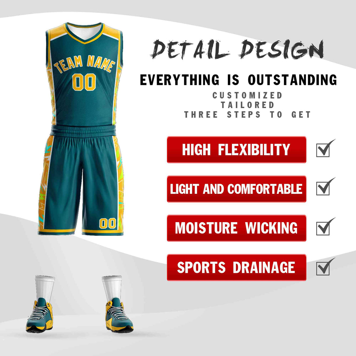 Custom Aqua Gold-White Graffiti Pattern Kits Lightning Basketball Jersey