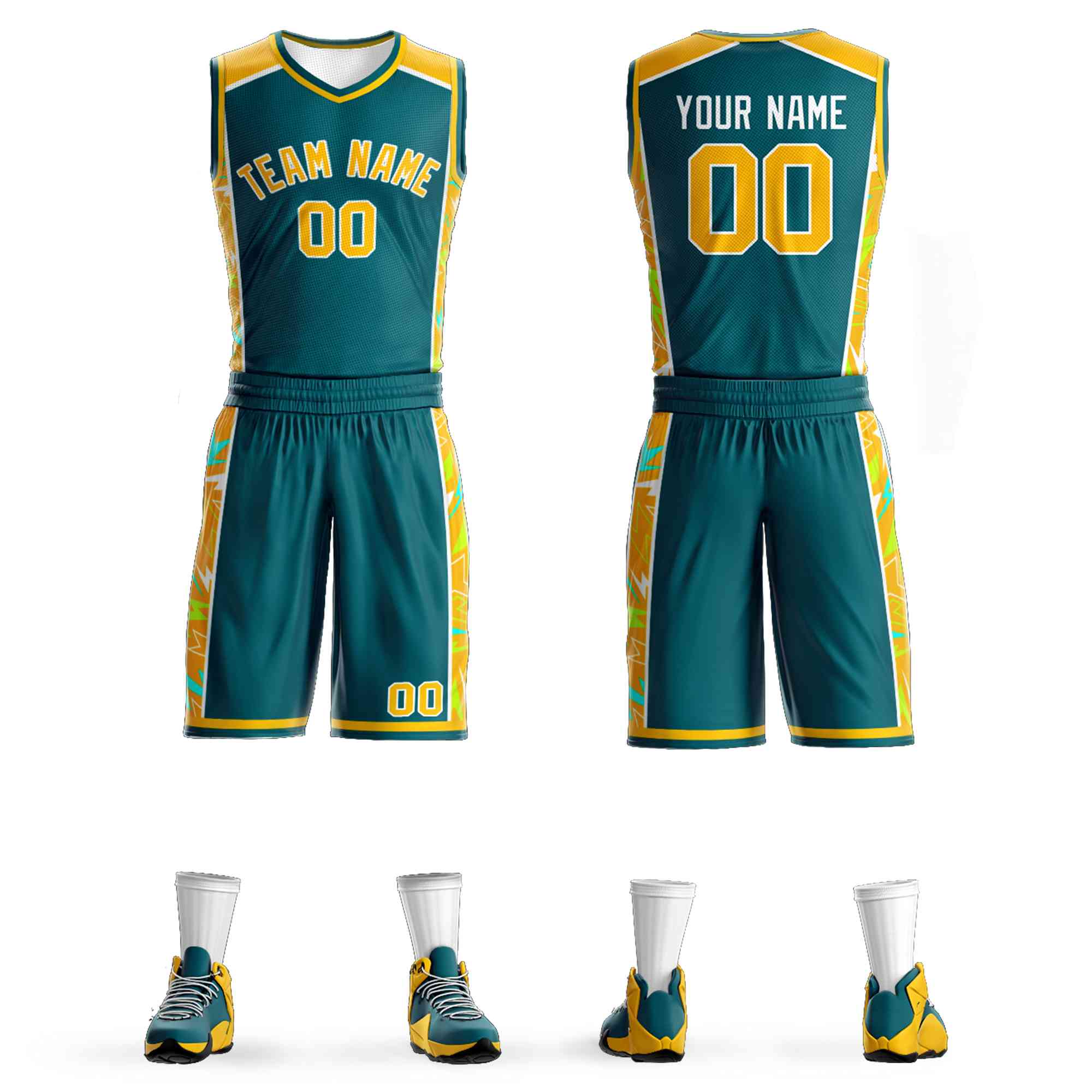 Custom Aqua Gold-White Graffiti Pattern Kits Lightning Basketball Jersey