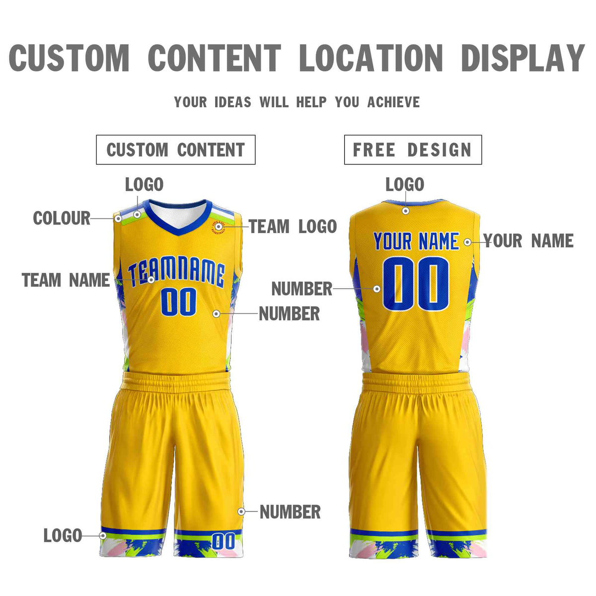 Custom Gold Royal-White Graffiti Pattern Kits Basketball Jersey
