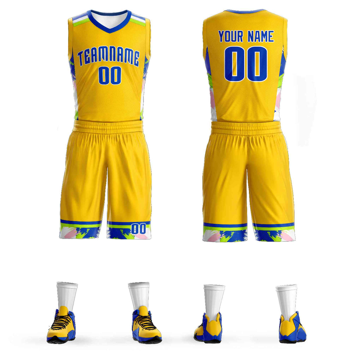 Custom Gold Royal-White Graffiti Pattern Kits Basketball Jersey
